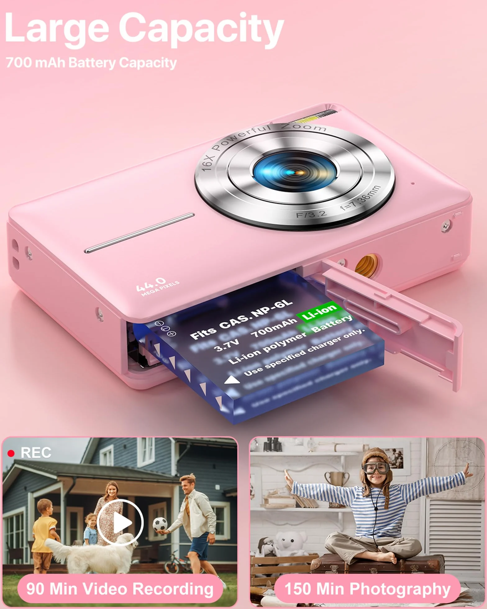 Cámara Digital 1080P Cámara de Fotos HD 44MP Cámara Digital Compacta con Pantalla LCD de 2,4 Pulgadas, Zoom Digital 16X, Tarjeta de Memoria Micro de 32G, 1 Batería para Niños, Adolescentes - Rose