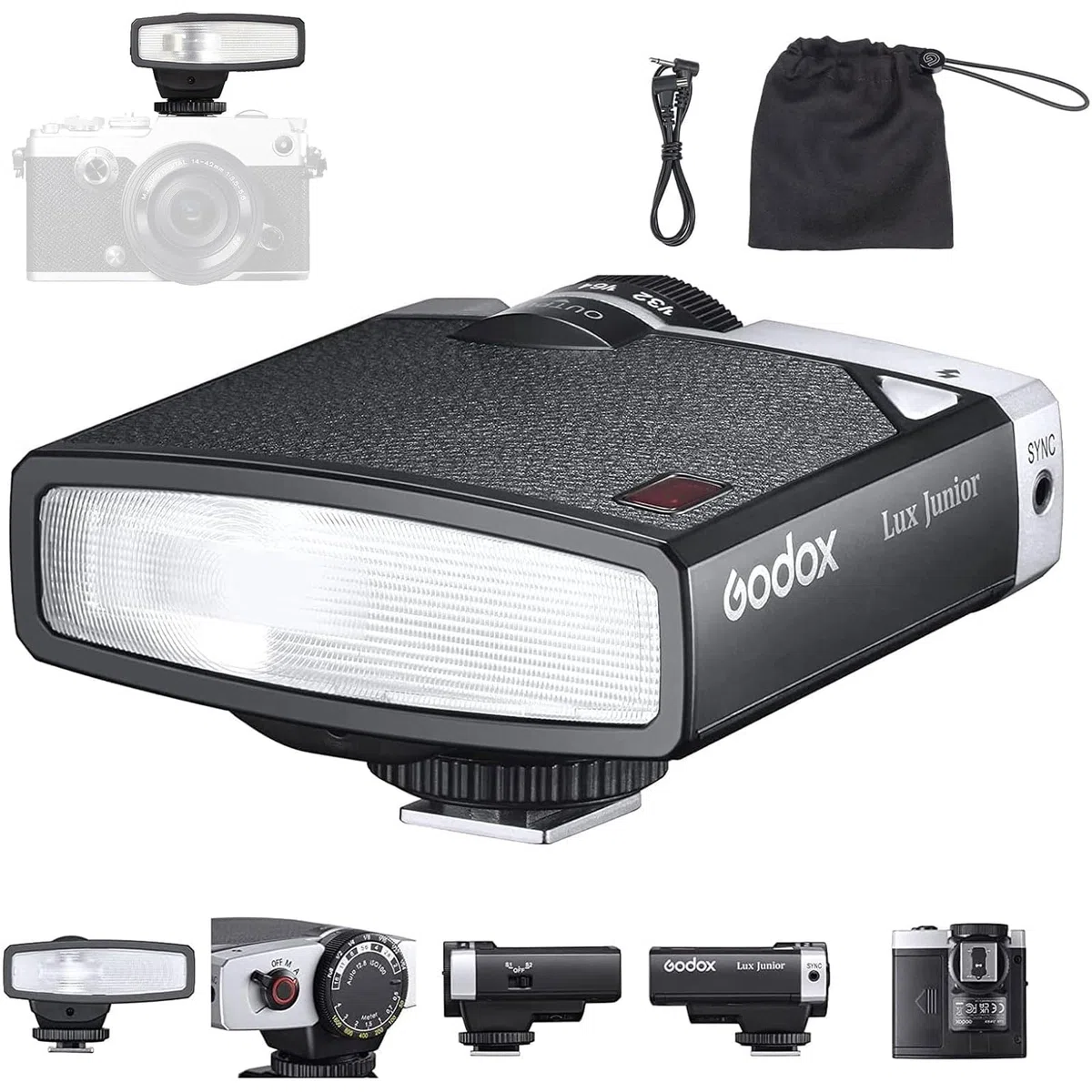 Godox Lux Junior Retro Flash de cámara Speedlite GN12 6000 K ± 200 K CCT,Modos automáticos y manuales de Potencia de Flash,28 mm de Distancia Focal para cámaras Canon Nikon Sony Fuji Olympus Hot Shoe