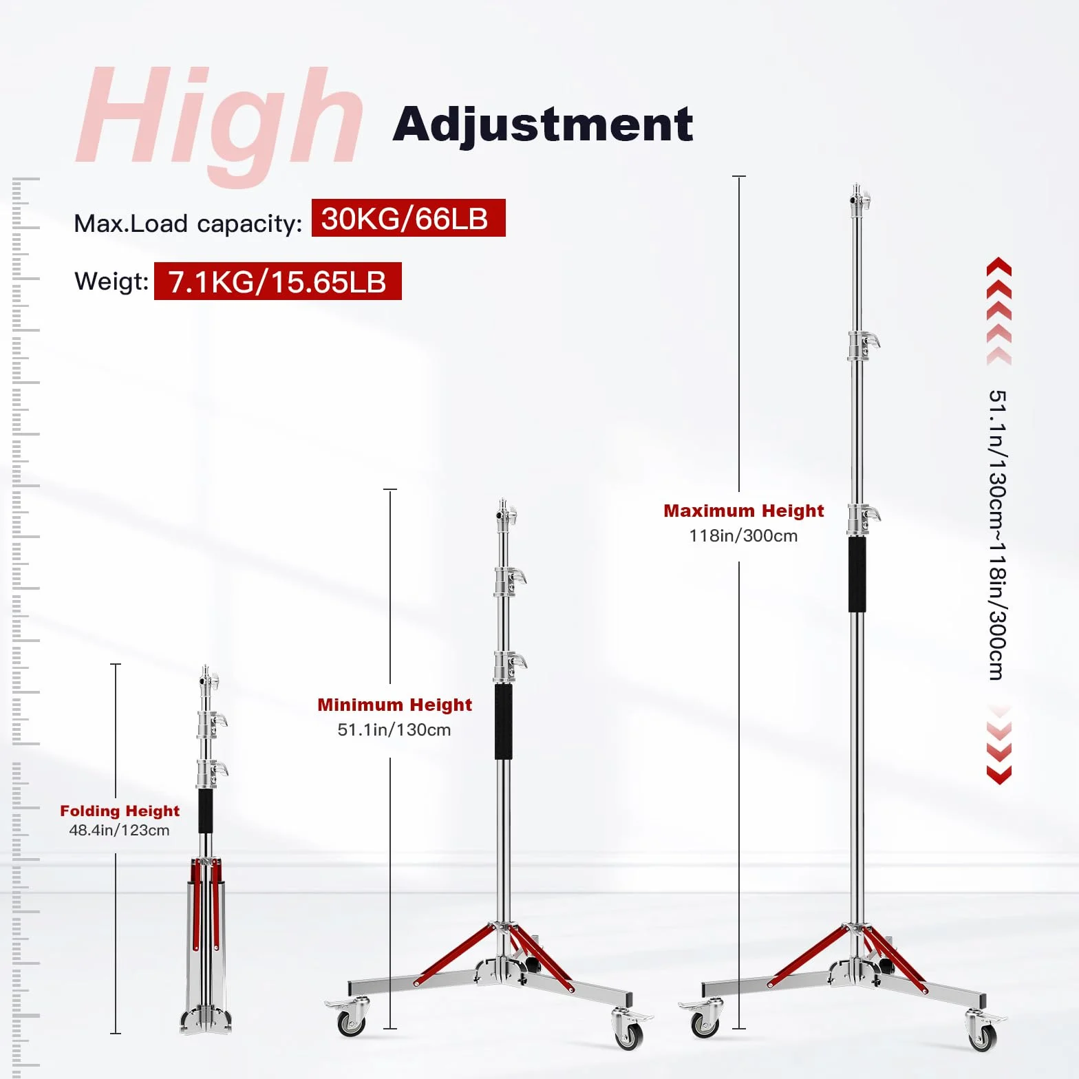 Soonpho WS-300 Pro Light Stand 100% Acero Inoxidable Soporte de Luz C Stand con Ruedas y Boom,Metal Heavy C-Stand Heavy Duty MAX. Altura 300 cm (9.84 pies) para Reflectores,Monolights