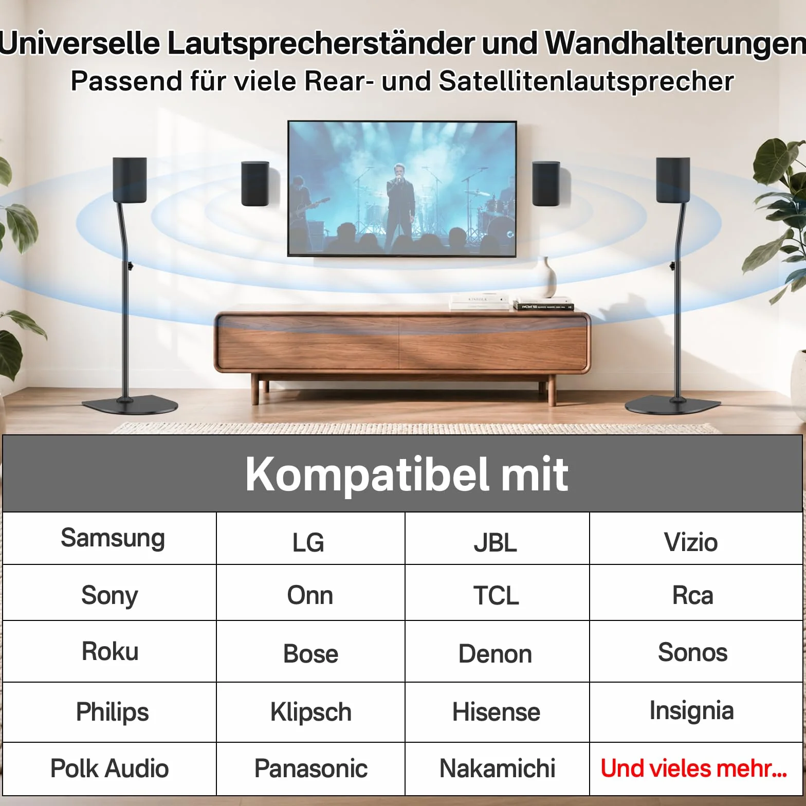 Pareja de Soportes de Altavoz Universal, Regulables en Altura de 84 a 106 cm, con Soporte de Pared para Samsung, Vizio, Bose, LG, Roku, Altavoces Traseros y Altavoces de Sonido Envolvente