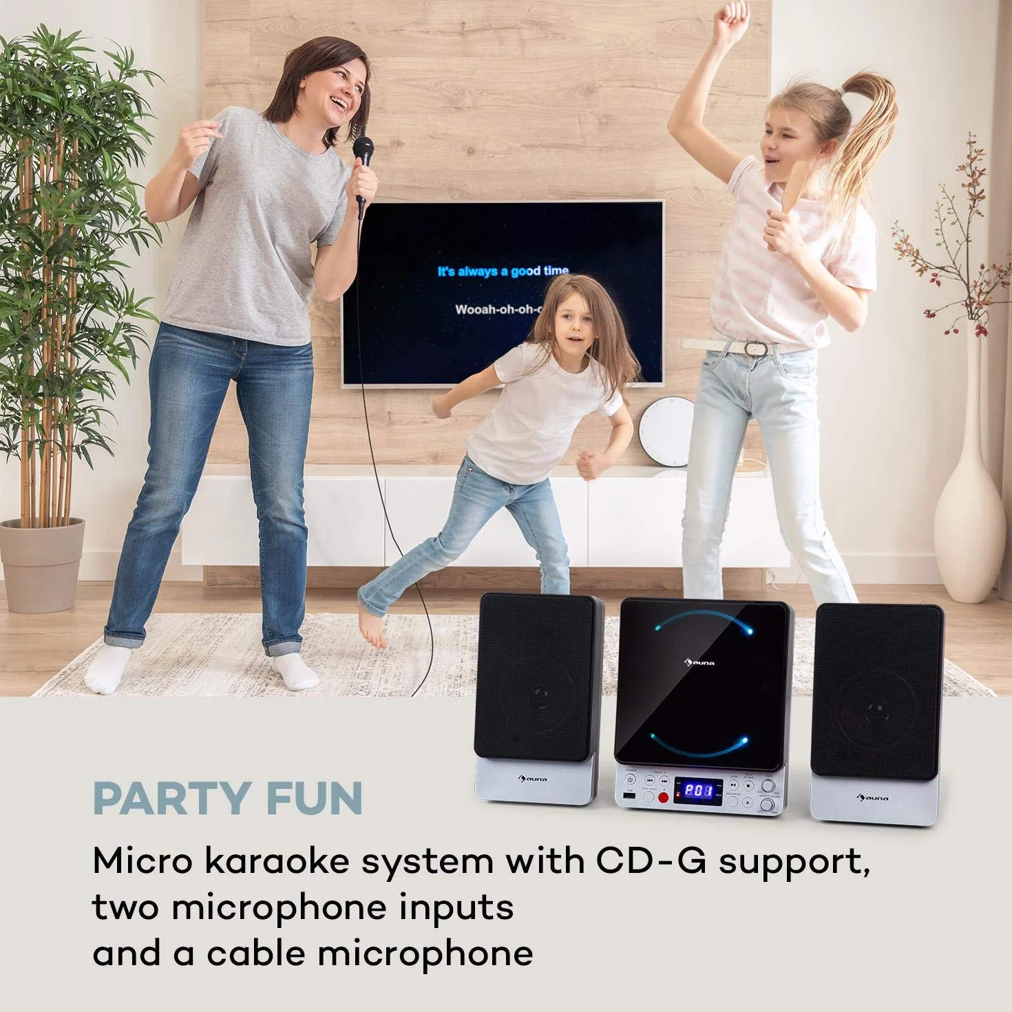 auna Microstar – Minicadena de música Vertical, Reproductor de CD, Bluetooth, Altavoces estéreo, USB, Pantalla LCD, iluminación LED, Vertical o en Pared, Entrada AUX/Salida de vídeo, Plateado