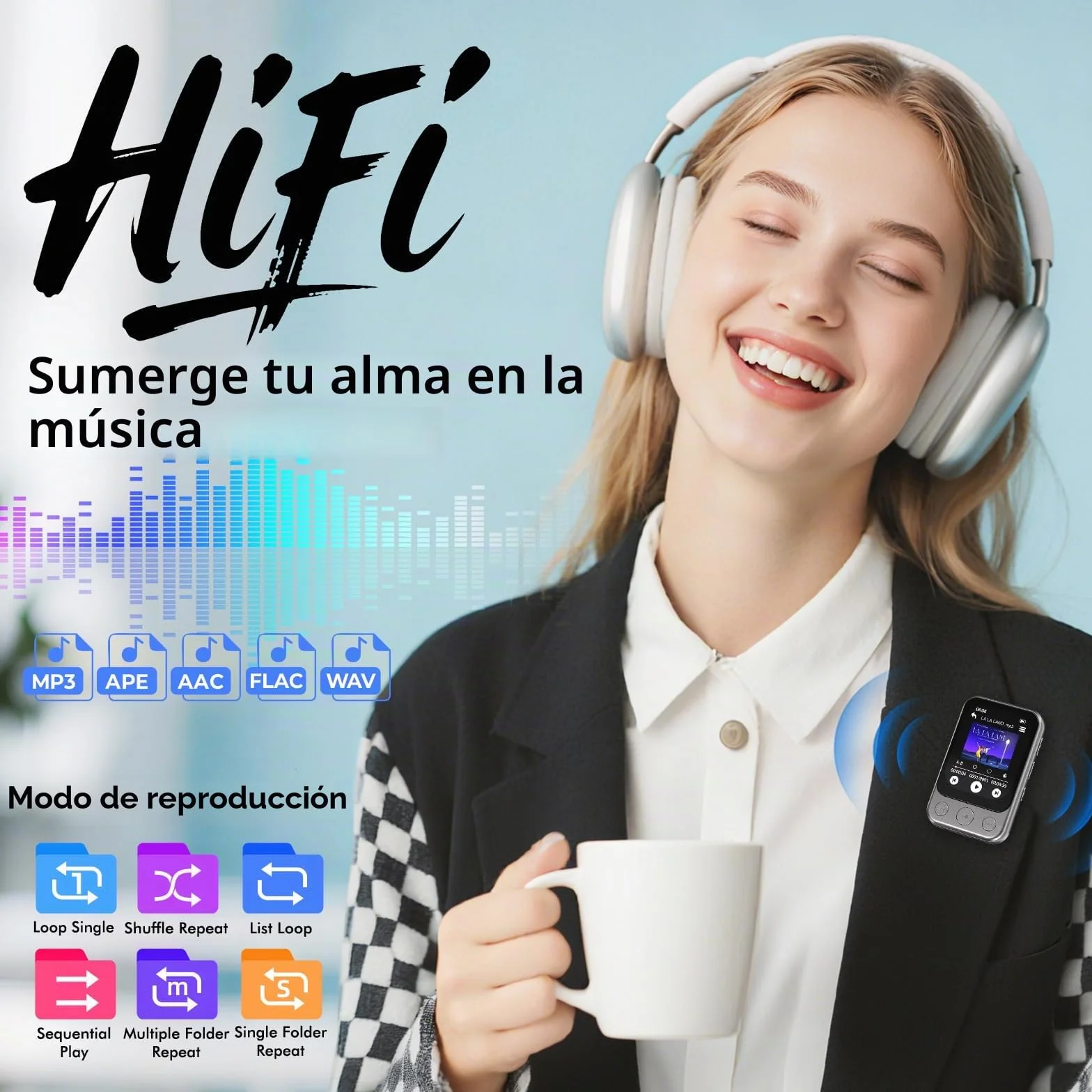 64GB Reproductor MP3 Bluetooth 5.3 con Clip y Altavoz, Reproductor de Música Deportivo con Pantalla Táctil y Botones, Control de Volumen Independiente, Radio FM, Ampliable hasta 128GB
