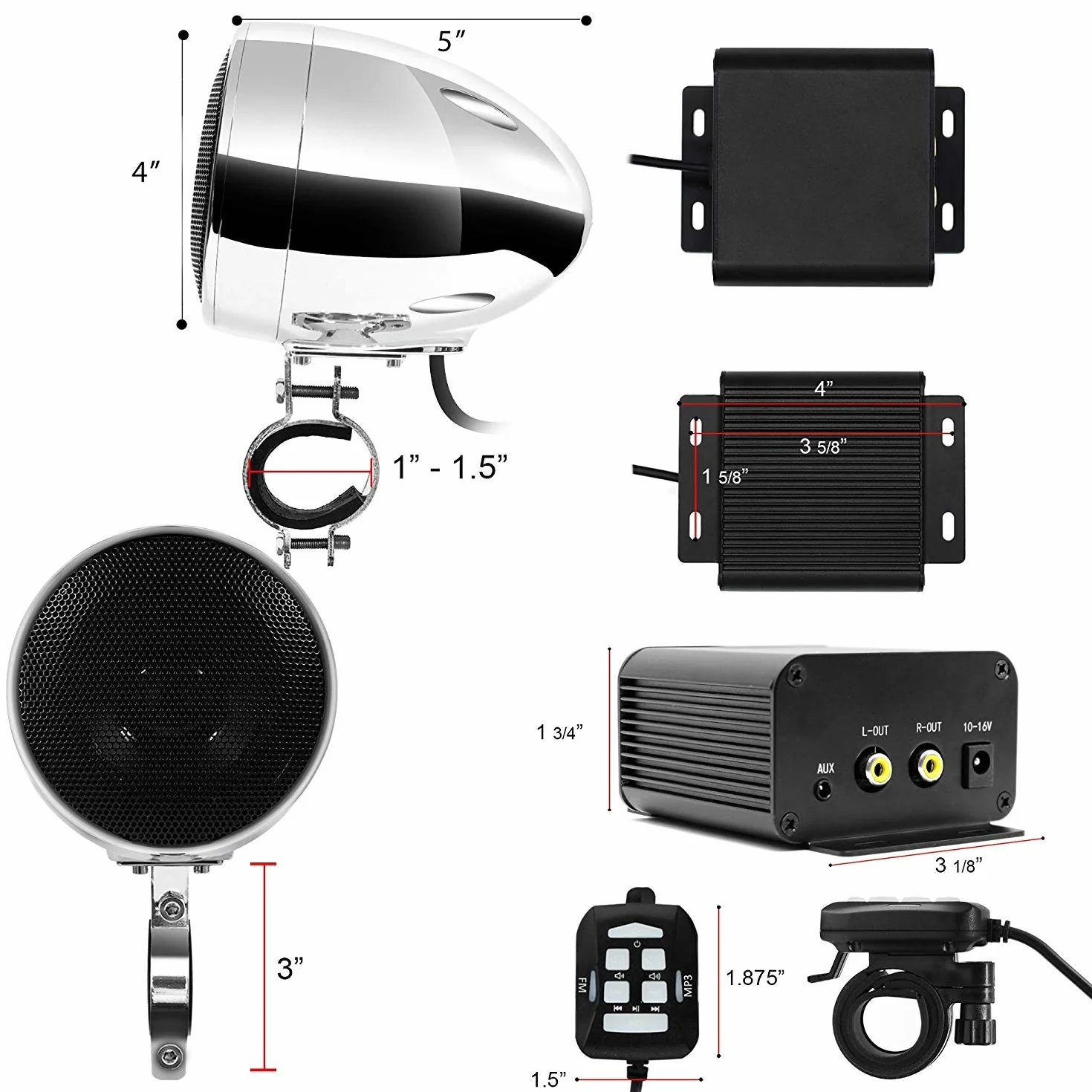 M150 Sistema de Audio con Amplificador de Motocicleta con AUX, MP3, Radio FM, 4 Pulgadas de Altavoces estéreo Bluetooth Impermeables para Motocicletas ATV UTV RZR (Cromo, Red)