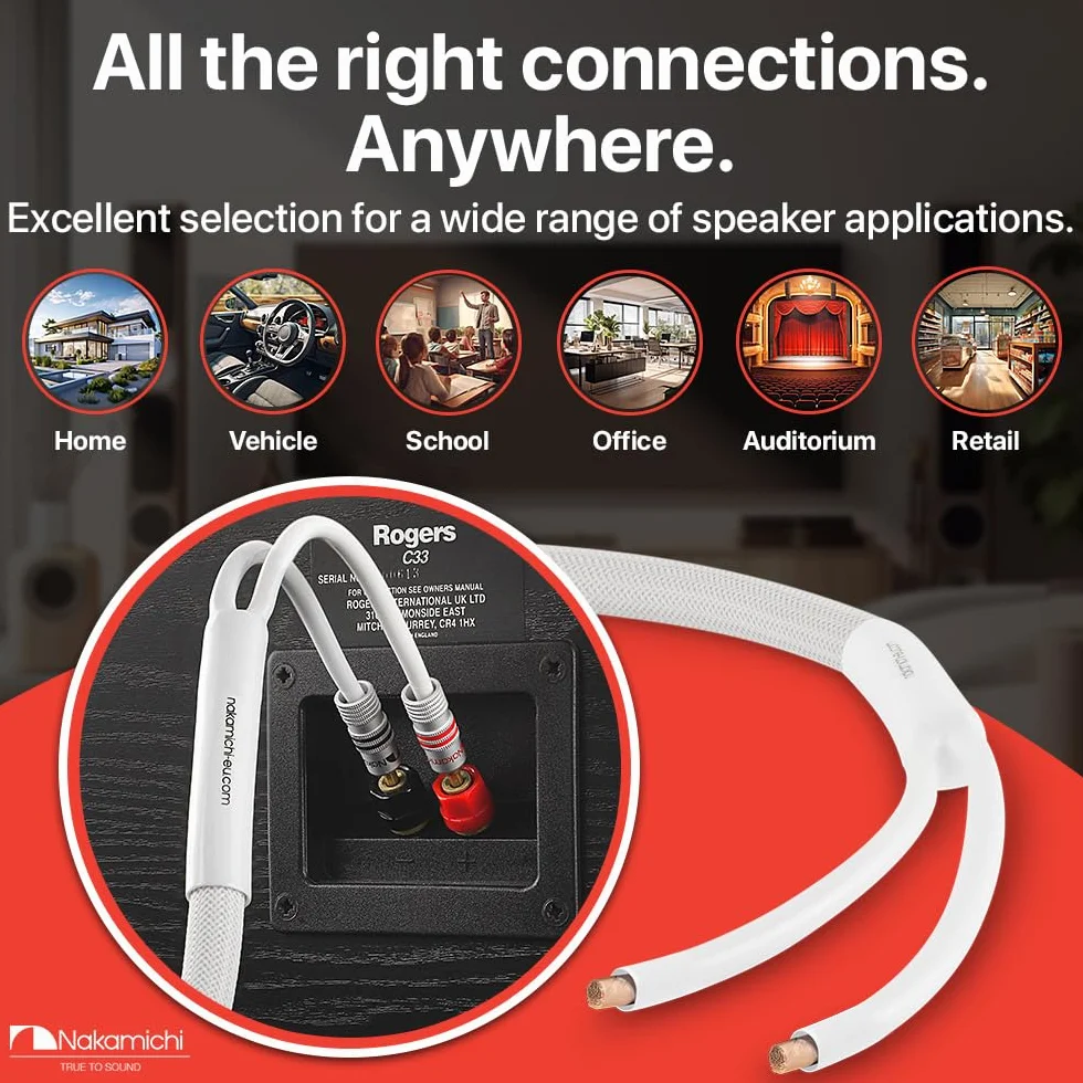 Nakamichi Excel Series Conector tipo banana chapado en oro de 24 quilates con cable de altavoz (6 pies) 99.9% cobre libre de oxígeno (OFC) trenzado resistente - Blanco (12 AWG / 6 pies / 1.8 m)
