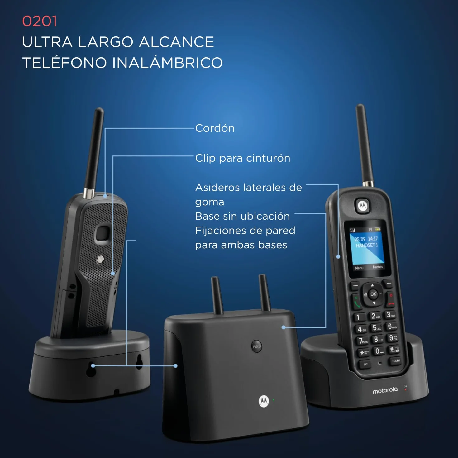 Motorola - O201 Teléfono Fijo Inalámbrico DECT, Identificador de Llamadas, Retroiluminación, Agenda 200 Números, Largo Alcance, Manos Libres, Ideal para Uso Exterior, Negro