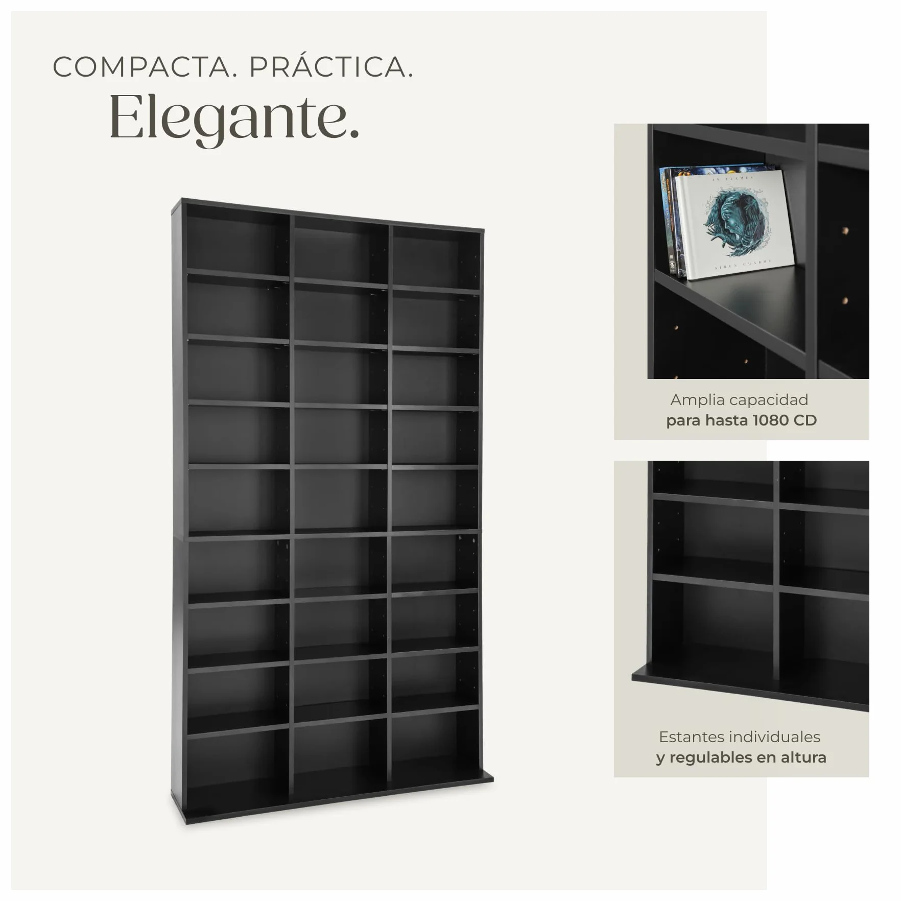tectake® Estanteria Pared para CD/DVD, Almacenaje 1080 CDs, 27 Estantes, Fácil de Montar, Estable, Madera MDF, Metal, Estanteria Libros, Librería, Estantería de Pared, Mueble de Salon - Negro