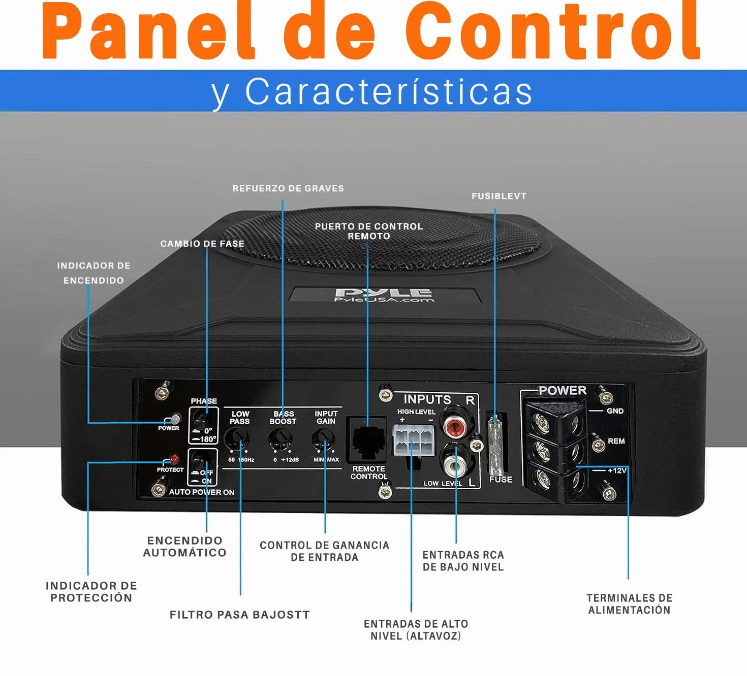 Pyle Sistema de subwoofer Amplificado de Perfil, Audio para Coche, Bajo de 8”, Activo, Cerrado, Compacto, 600V, Amplificador Incorporado