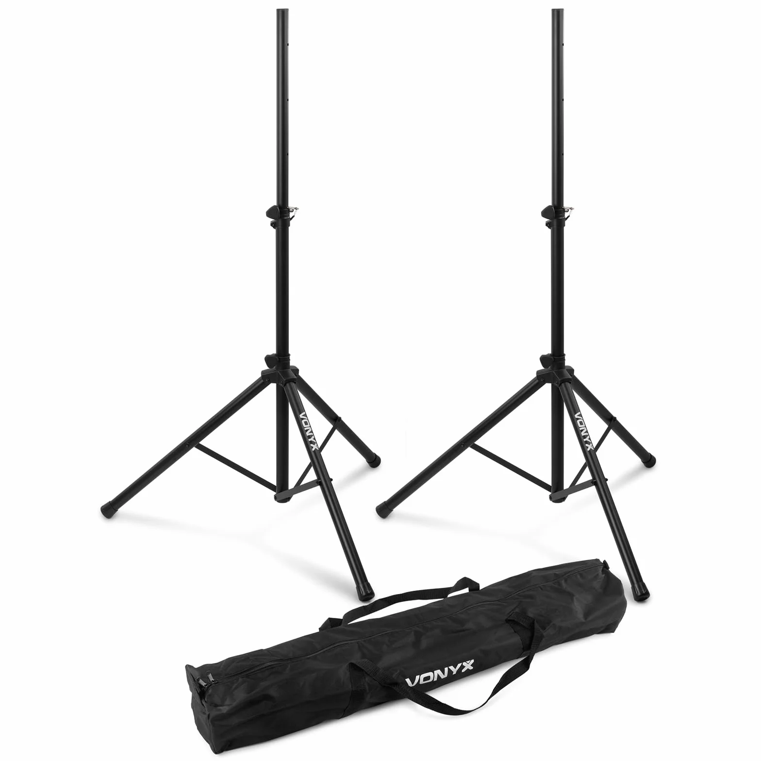 Vonyx LS01K Pareja de tripodes para altavoces, con funda de transporte, capacidad de carga máxima de 30 kg, pasador de fijación seguro, ideal altavoces con Vaso (tophat) de 35 mm, altura max 1,75m.