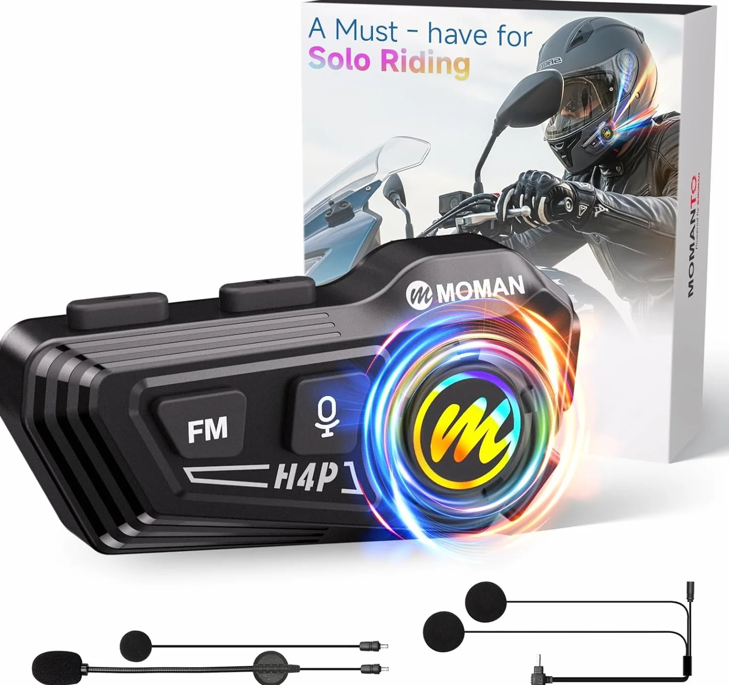 Moman Auriculares Casco Moto - Asistente de Voz, RS-H4P Manos Libres Auriculares Inalámbricos HiFi Estéreo Dual Reducción de Ruido Batería 1000mAh/RGB/Radio FM/Botón Apto para Guantes
