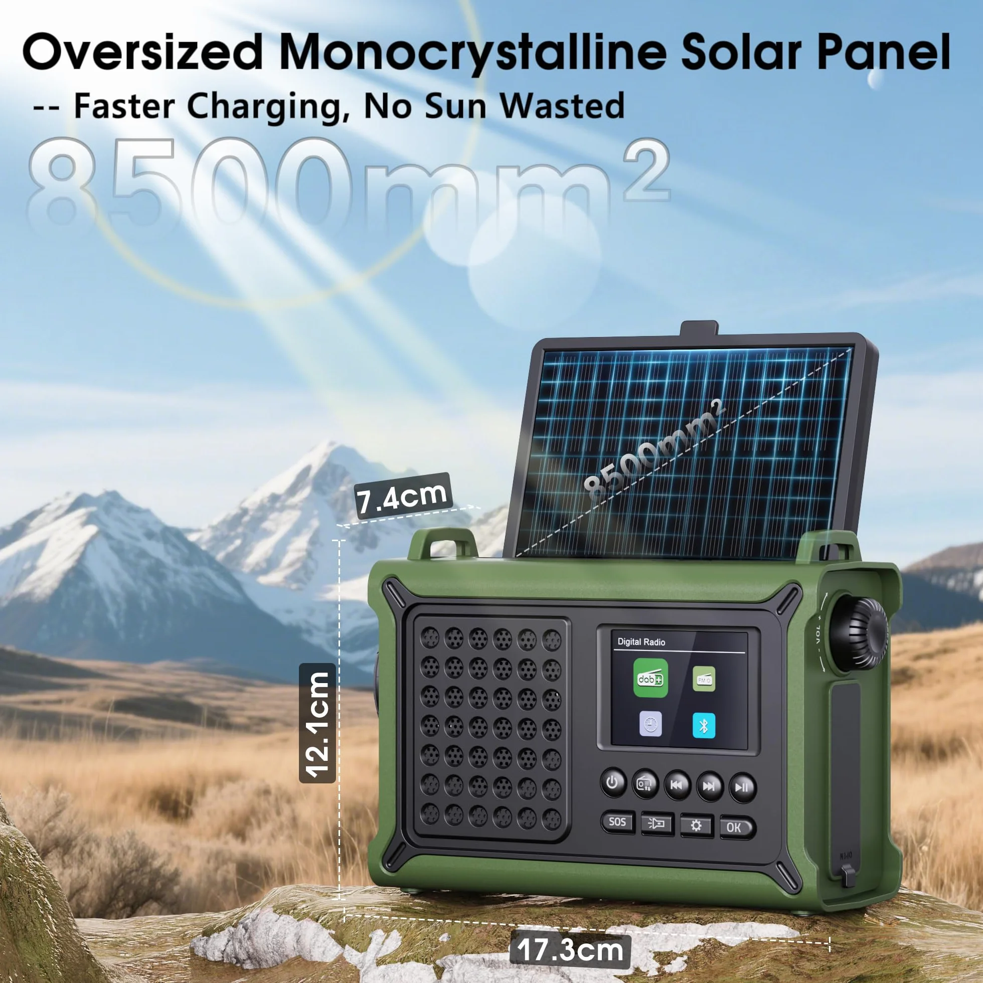 Radio Portátil Dab+/Dab/FM, Radio Solar con Manivela con Batería Recargable de 12000 mAh, Radio con 80 Emisoras Presintonizadas, Pantalla LED TFT de 2,4", Alarma SOS para Senderismoa, Camping