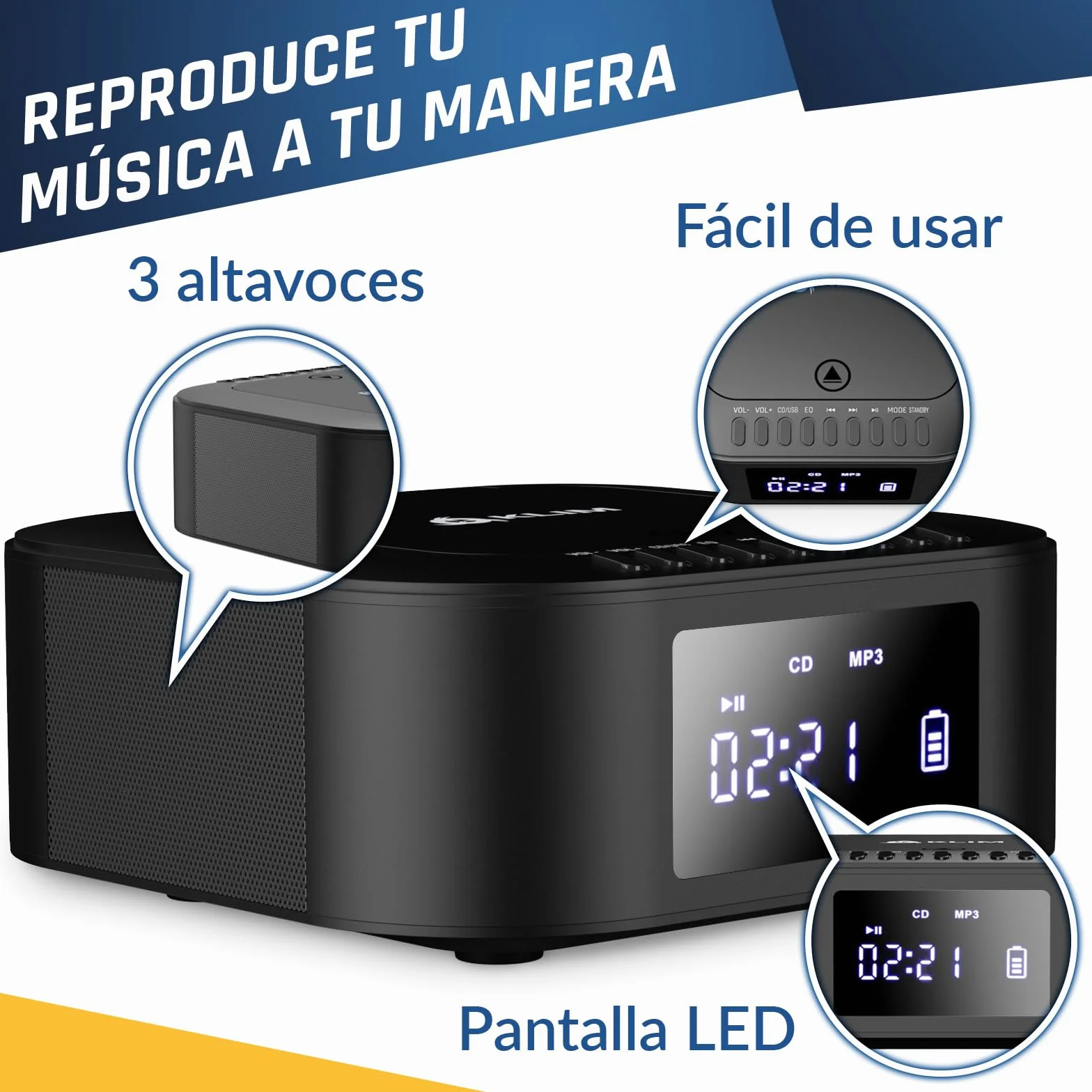 KLIM Boombox E1 - Caja de CD - Reproductor de CD portátil - Bass Boost con Subwoofer - Radio FM y batería Recargable - Bluetooth, MP3, AUX, USB - Radio CD portátil con Mando