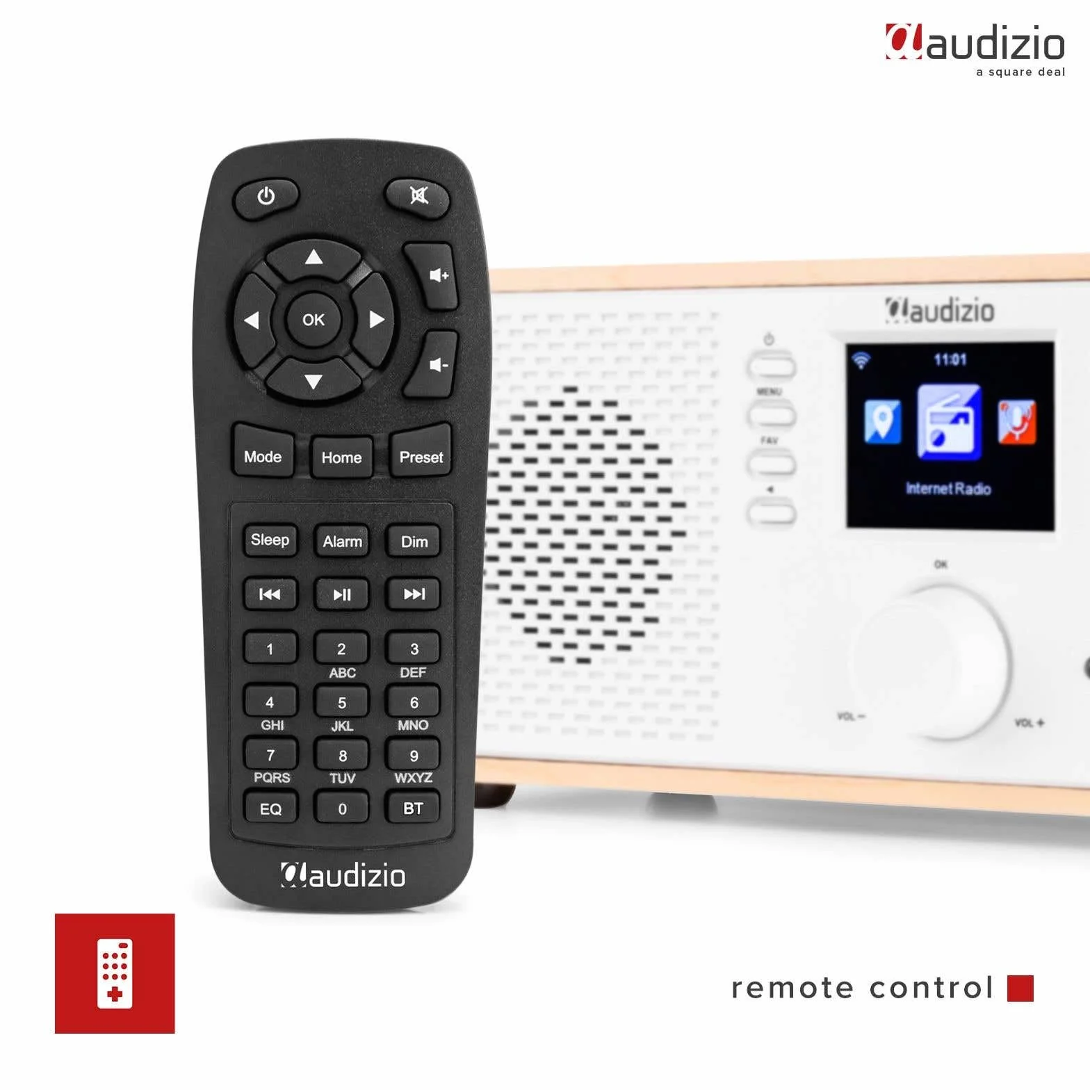 Audizio Rimini - Radio por Internet WiFi con Bluetooth y Spotify Connect, Sonido estéreo de 50W, Salida de Auriculares, Entrada AUX, Ideal para Cocina, salón o Oficina, Acabado Madera Clara y Blanco