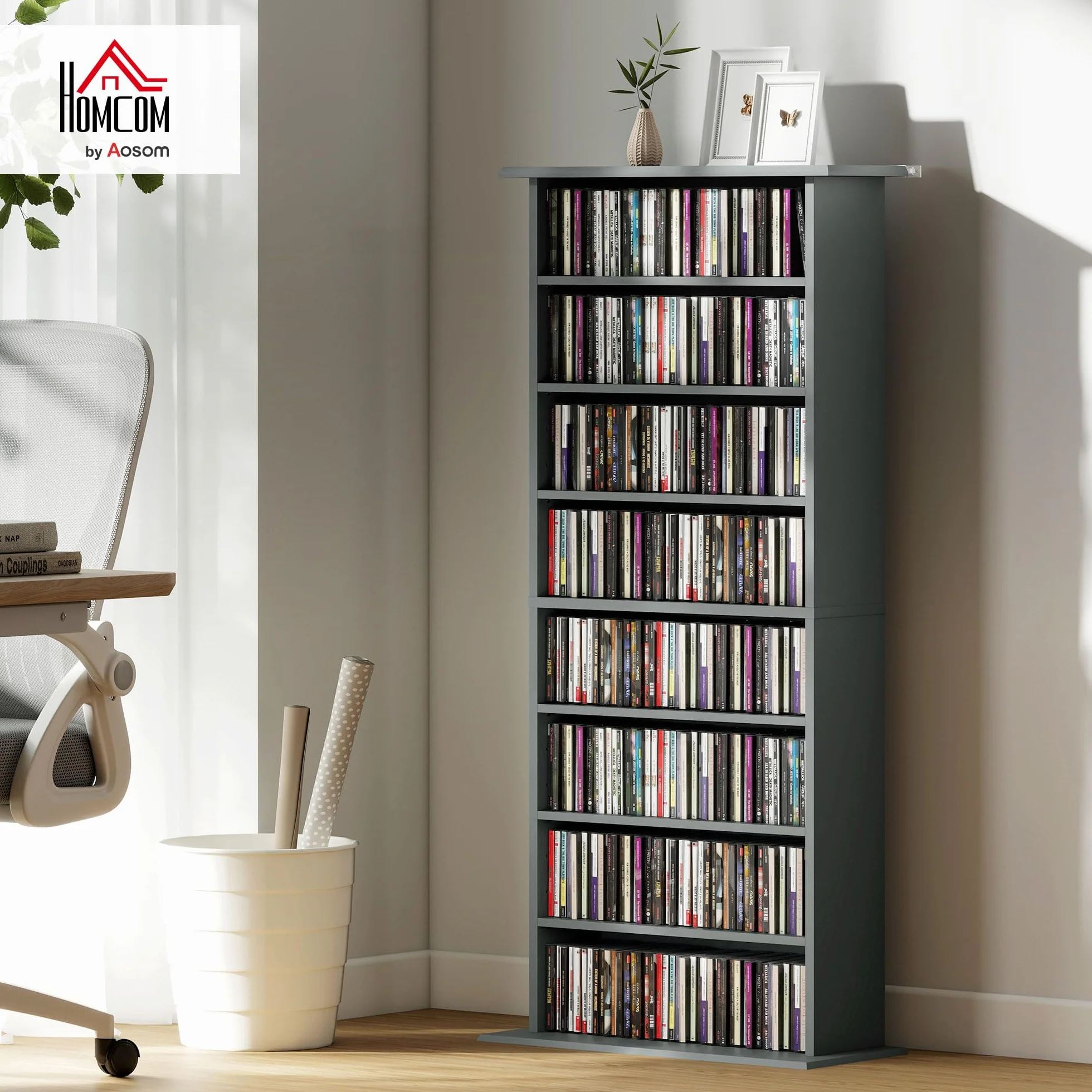 Almacenamiento de CD y DVD HOMCOM, unidad de almacenamiento multimedia, capacidad máx. 360 CD/185 DVD y Blu-ray, 8 compartimentos y 6 estantes ajustables, para salón, dormitorio, 58 x 24 x 126,3 cm,