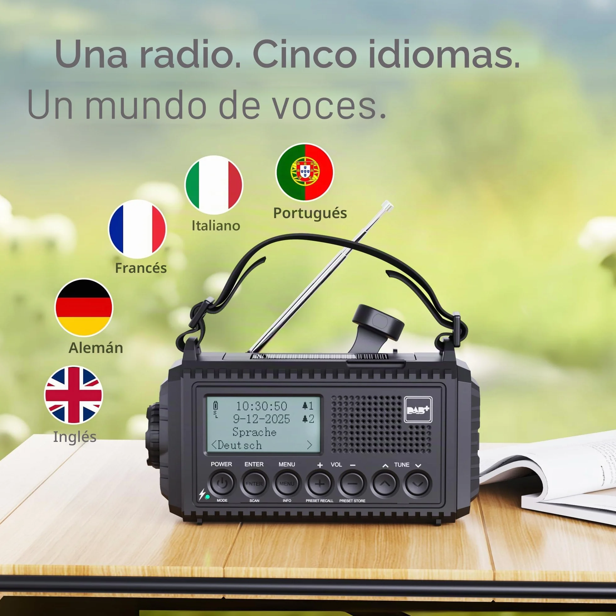 Radio Solar Portátil Dab+/Dab/FM con Manivela,Radio con Linterna LED Multifunción con Reloj Despertador Digital,Batería de 5000 mAh y Alarma SOS,Camping,Senderismo,Exterior
