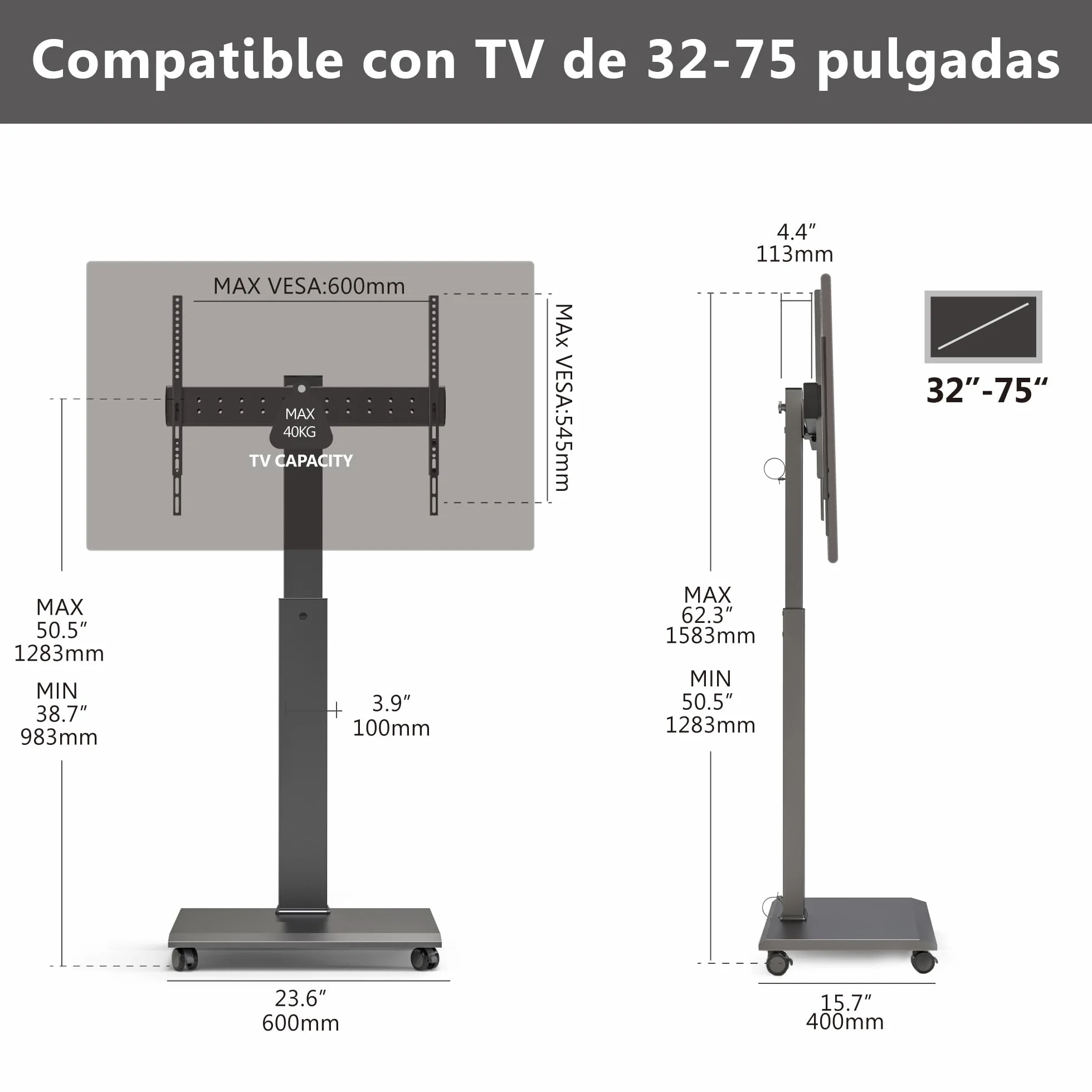 FITUEYES Soporte de TV sobre ruedas para carro de TV móvil de 32 a 75 pulgadas, horizontal a vertical, soporte de suelo para TV con giro de 40° y 7 altura ajustable, soporte de TV portátil máx. VESA