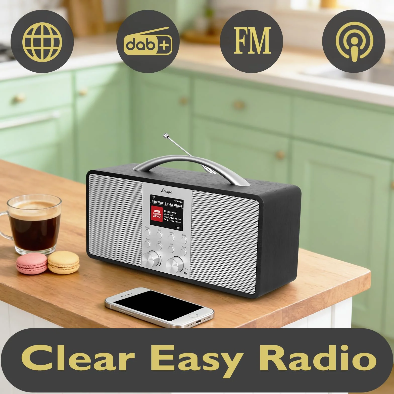 Lemega IR6 Radio por Internet Estéreo con Podcasts y Bluetooth - Radio Dab/Dab+ y FM con Sonido Real 2.0, 150 Presintonías,Radio Despertador,Batería Recargable USB-C,Madera Premium y asa de Aluminio