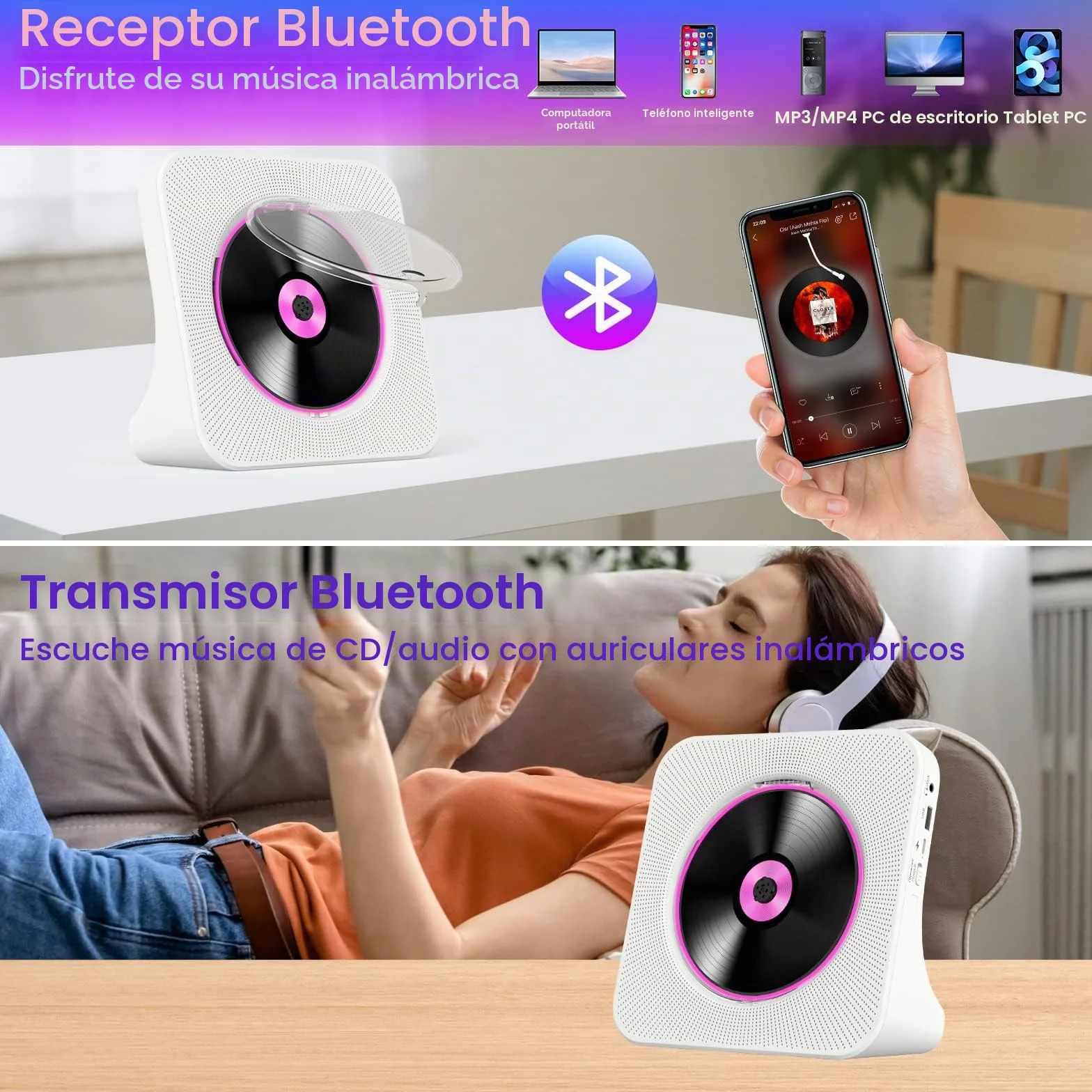 Reproductor de CD Portátil con Bluetooth y Batería 4000mAh Altavoces Radio FM Mando a Distancia