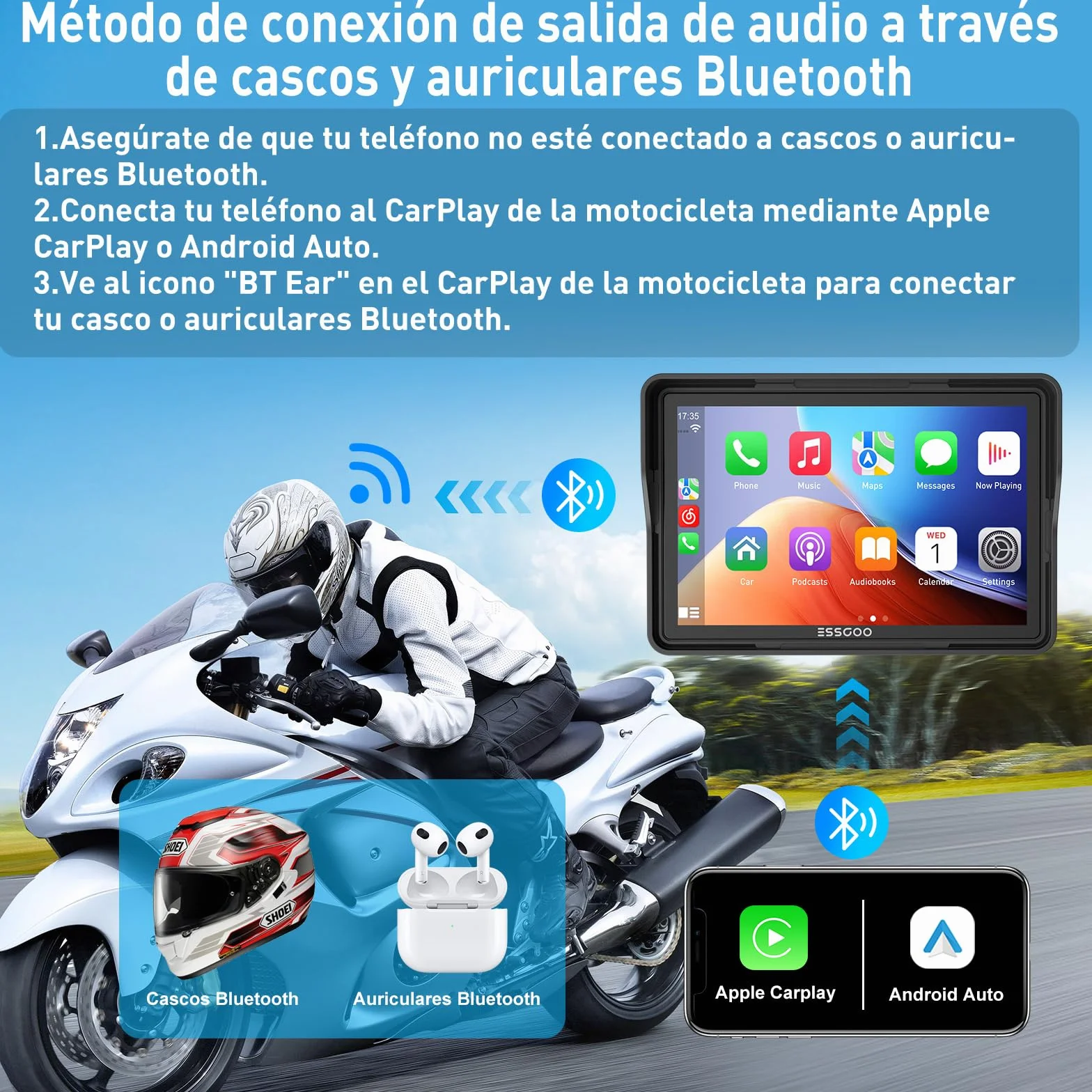 ESSGOO CarPlay para la mayoría de Las Motocicletas, con Soporte en U, inalámbrico CarPlay/Android Auto, Pantalla de 5" Impermeable, Audio Bluetooth, navegación GPS, Siri/G-oogle Asistente