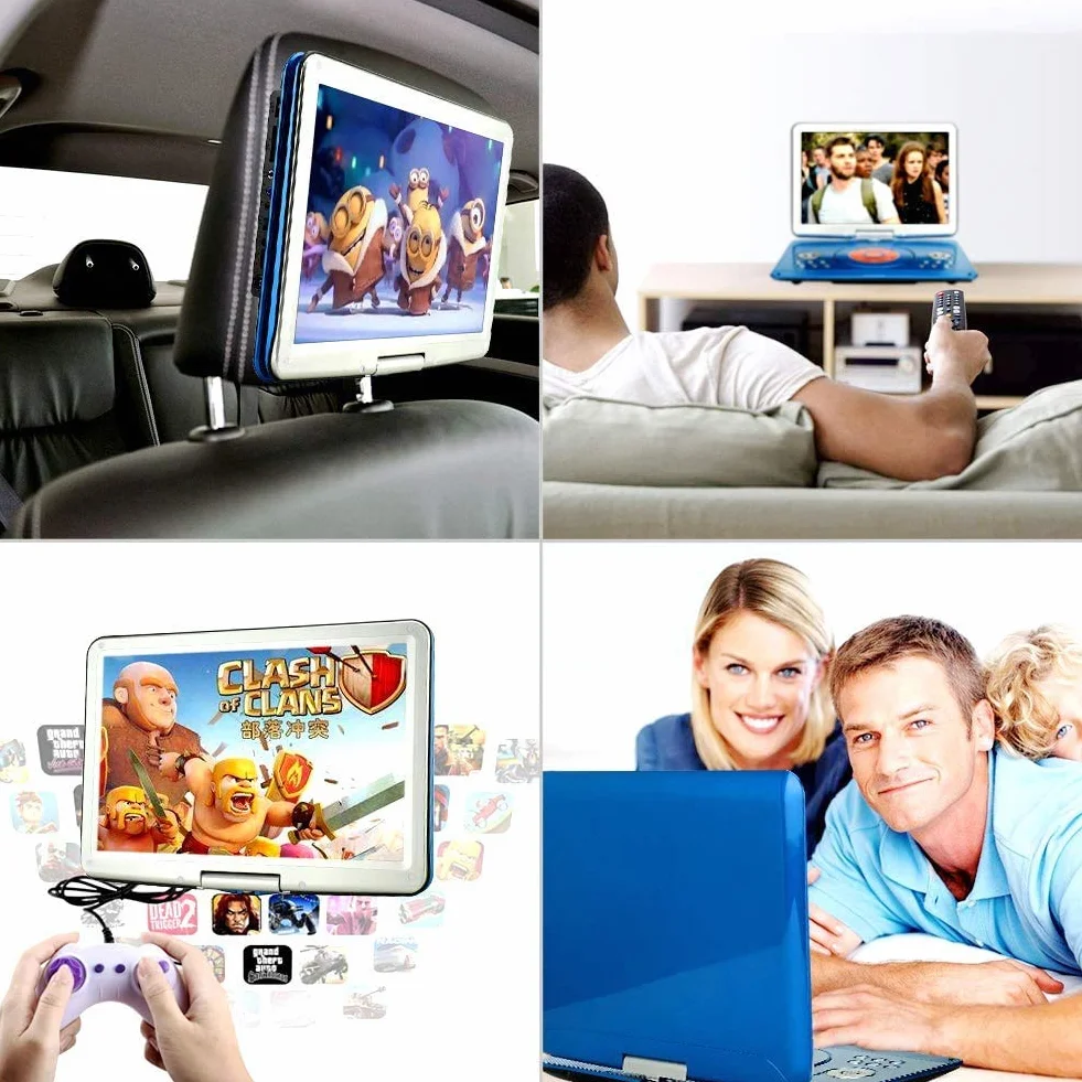 YOOHOO Lecteurs DVD Portables 16,9" Avec Grand écran LCD pivotant de 14,1" Lecteurs DVD de Voyage pour Enfants Adaptateur de Voiture Rechargeable Prise en Charge de la Carte, télécommande, Bleu