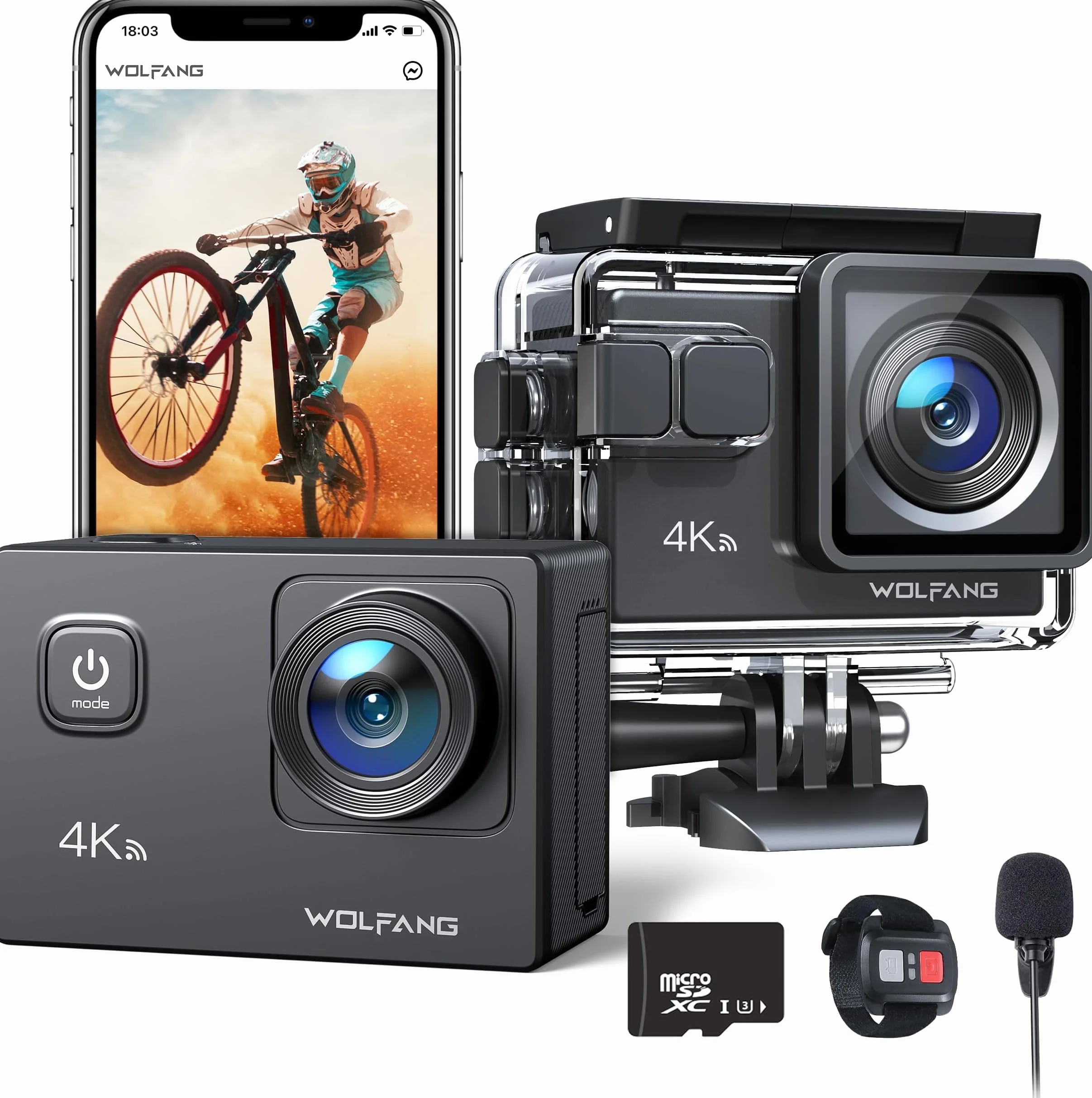 WOLFANG Cámara Deportiva 4K 30FPS GA100 32GB MicroSD 20MP Impermeable 40M WiFi Micrófono Dual 170° Gran Angular EIS
