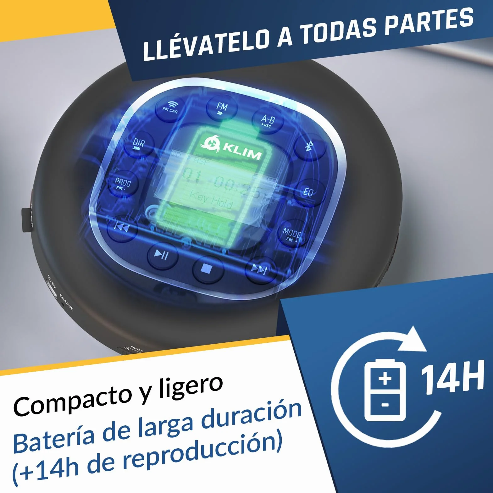KLIM Journey Reproductor de CD Portátil con Radio FM, Bluetooth, MP3, SD Card y Auriculares
