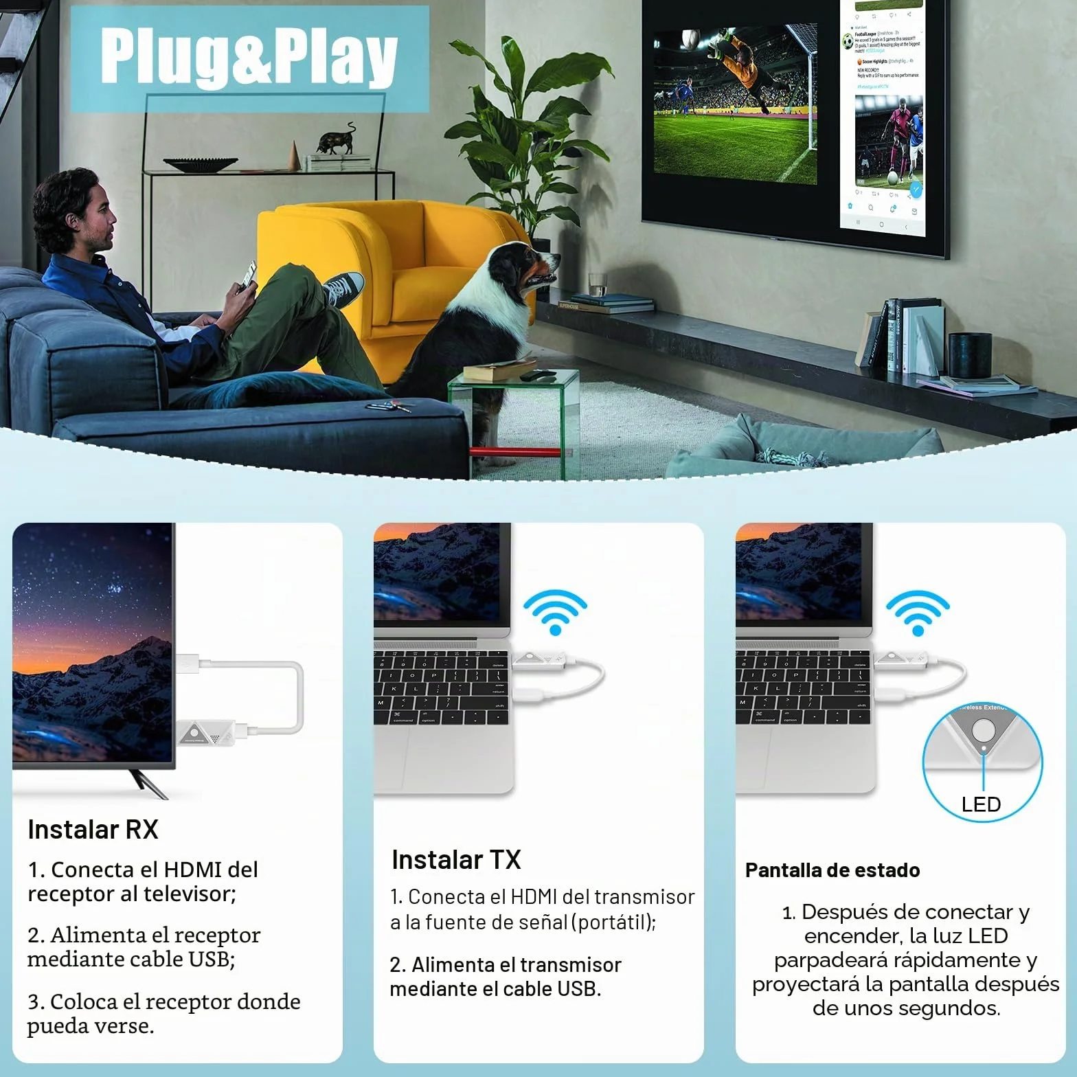 HDMI Inalámbrico Transmisor y Receptor, Wireless 2,4G/5G para PC/Portátil a Monitor/TV/Proyector, Plug & Play