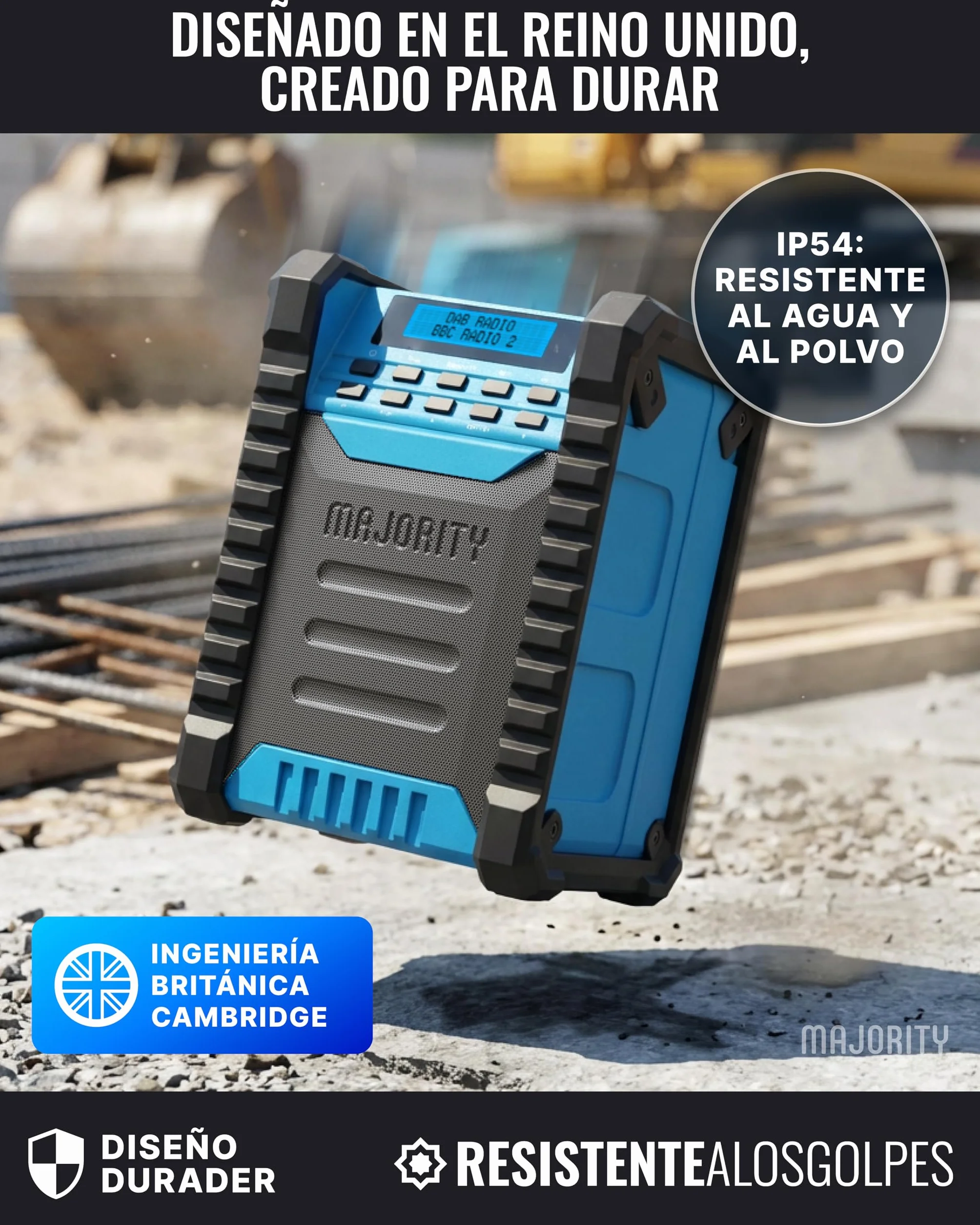 MAJORITY Landbeach Radio de Obra Portátil | Batería de 10.000 mAh Dab+ & FM Digital Radio con Bluetooth | Clasificación de Protección IP54 contra Polvo y Agua | 40 Presets and 6 EQ