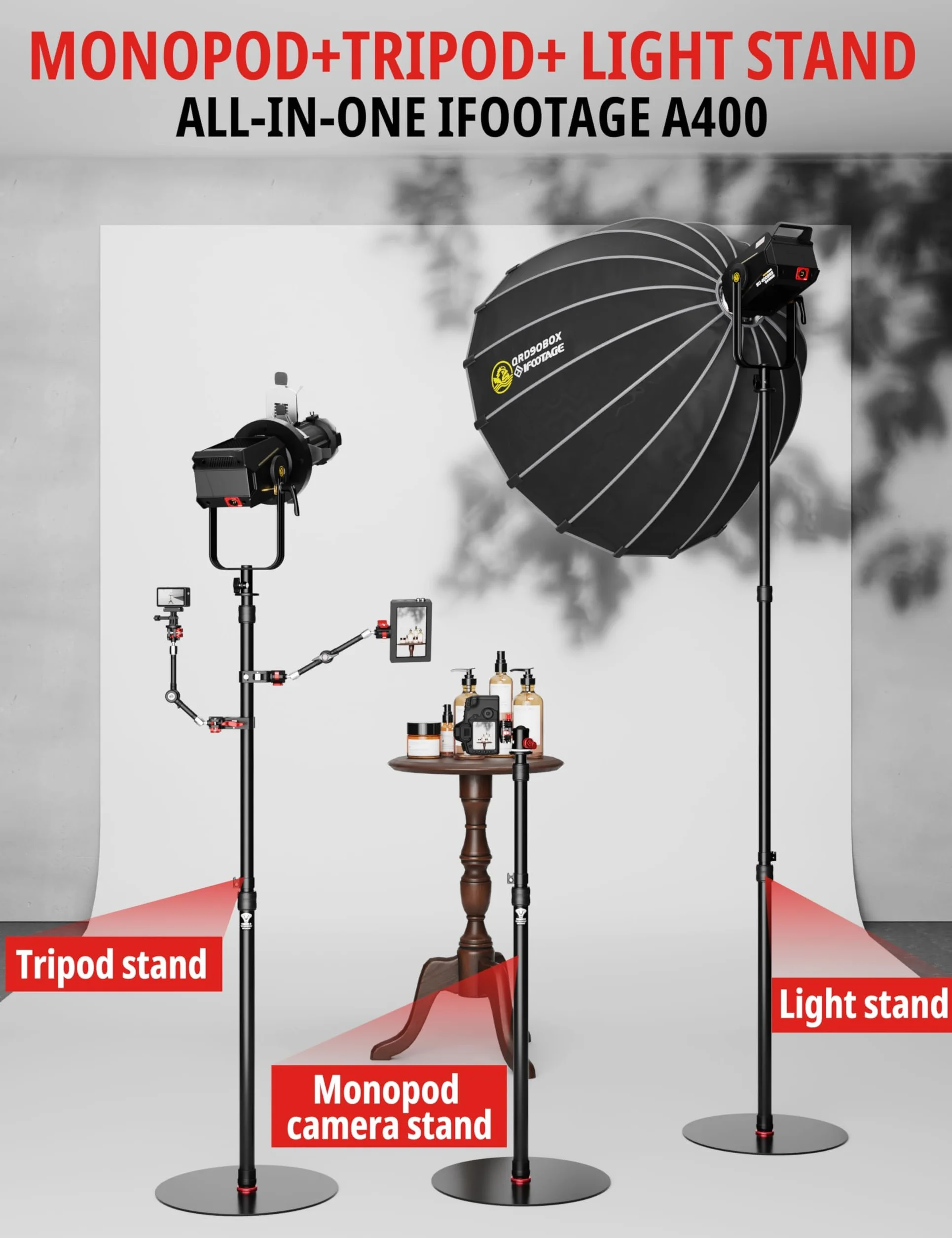 IFOOTAGE Cobra RB-A400 monopié de base redonda, monopié de aluminio para cámara profesional con hebilla de ajuste rápido de altura, compatible con cámaras DSLR y videocámaras, apto para Vlog (15.75