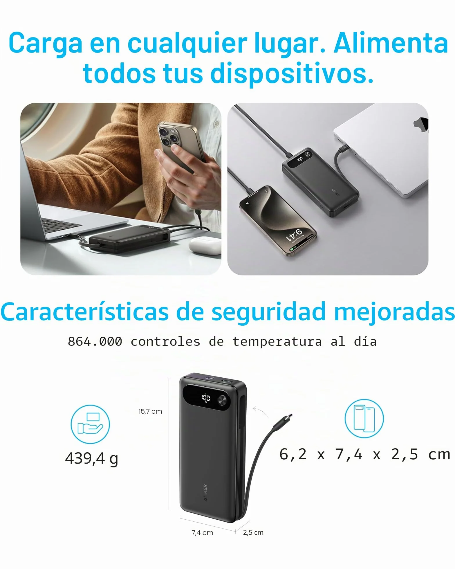 Anker Cargador portátil 20000 mAh con Cable USB C Integrado, batería Carga rápida 87 W, 2 USB-C y A para MacBook iPhone Samsung