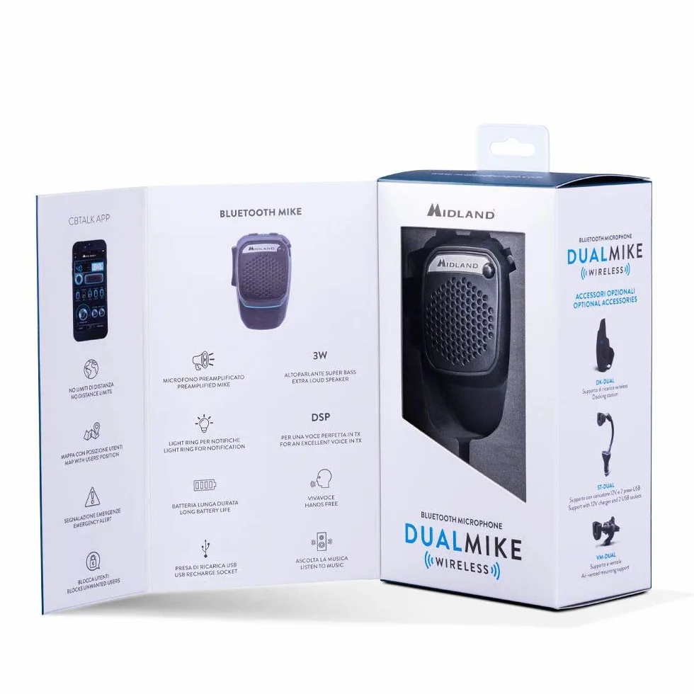Midland - Micrófono Inalámbrico Bluetooth Dual Mike para CB Talk y Altavoz para Camión/Coche/Camper con Modo Analógico y Digital, Altavoces Super Bass 3W, DSP, Soporte y Aro de Luz, Cable USB de Carga