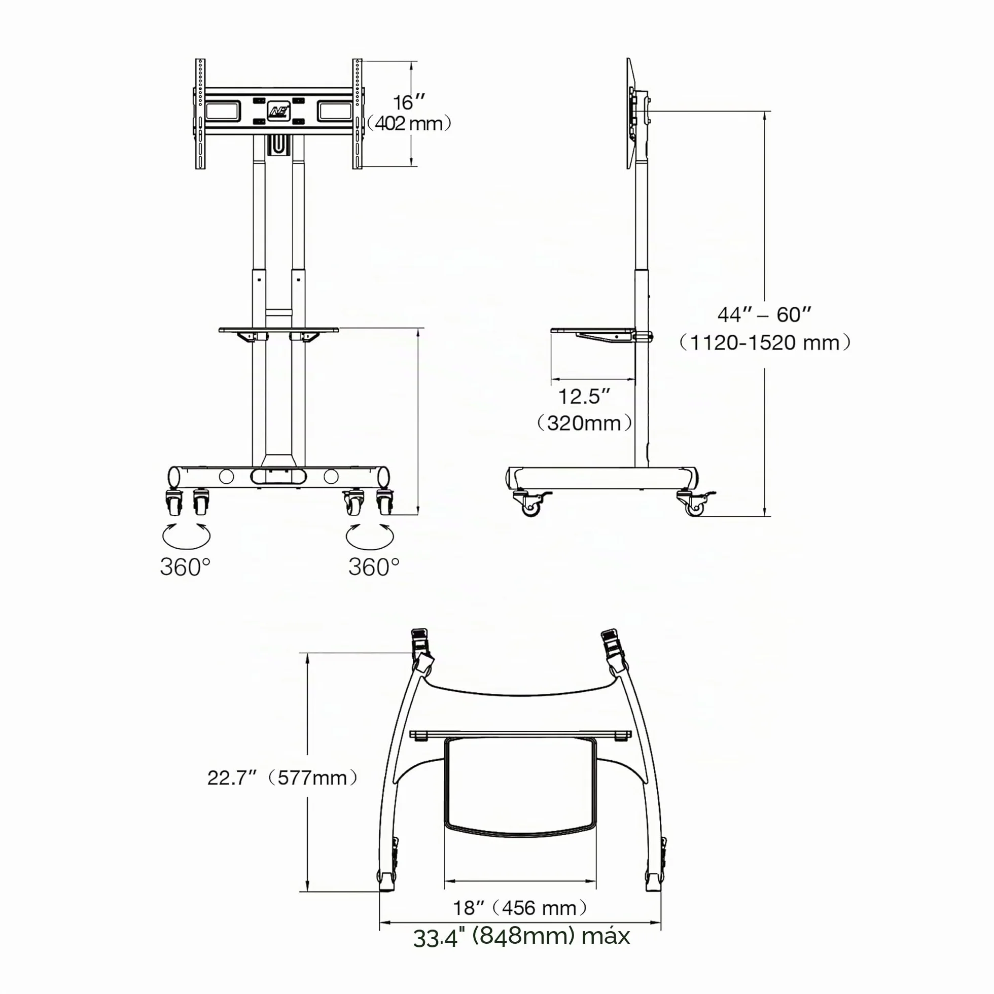 Soporte móvil de Suelo para Pantallas LCD, LED, Plasma y curvadas de 32" a 70" (81cm-178 cm de Diagonal) con VESA máx. 600 x 400 mm, hasta 45.5 kg
