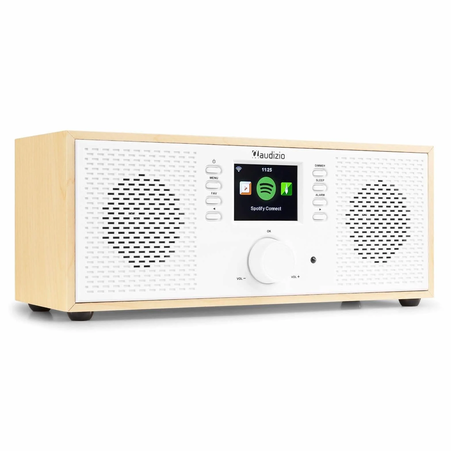 Audizio Rimini - Radio por Internet WiFi con Bluetooth y Spotify Connect, Sonido estéreo de 50W, Salida de Auriculares, Entrada AUX, Ideal para Cocina, salón o Oficina, Acabado Madera Clara y Blanco
