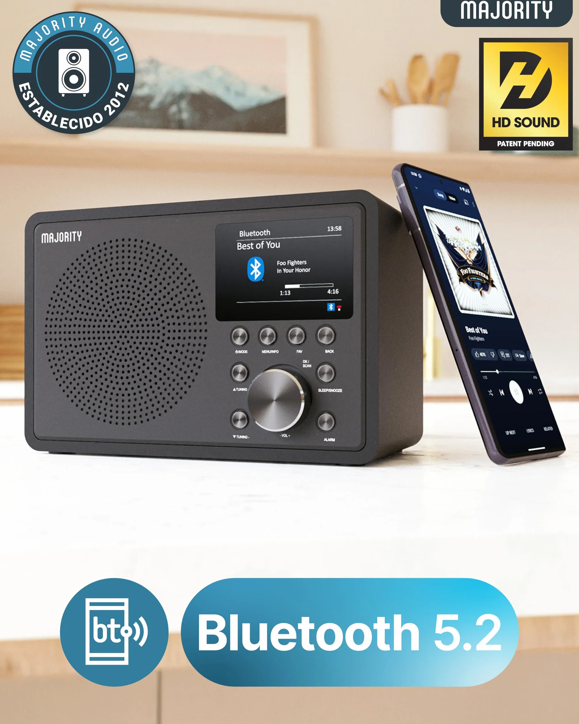 MAJORITY Radio Internet con Bluetooth | Dab+ FM Radio Internet WiFi | Radio WiFi con Altavoz DSP | Internet Radio con Spotify Connect y Podcasts | Multialarma, Control de la Aplicación Oktiv Touro