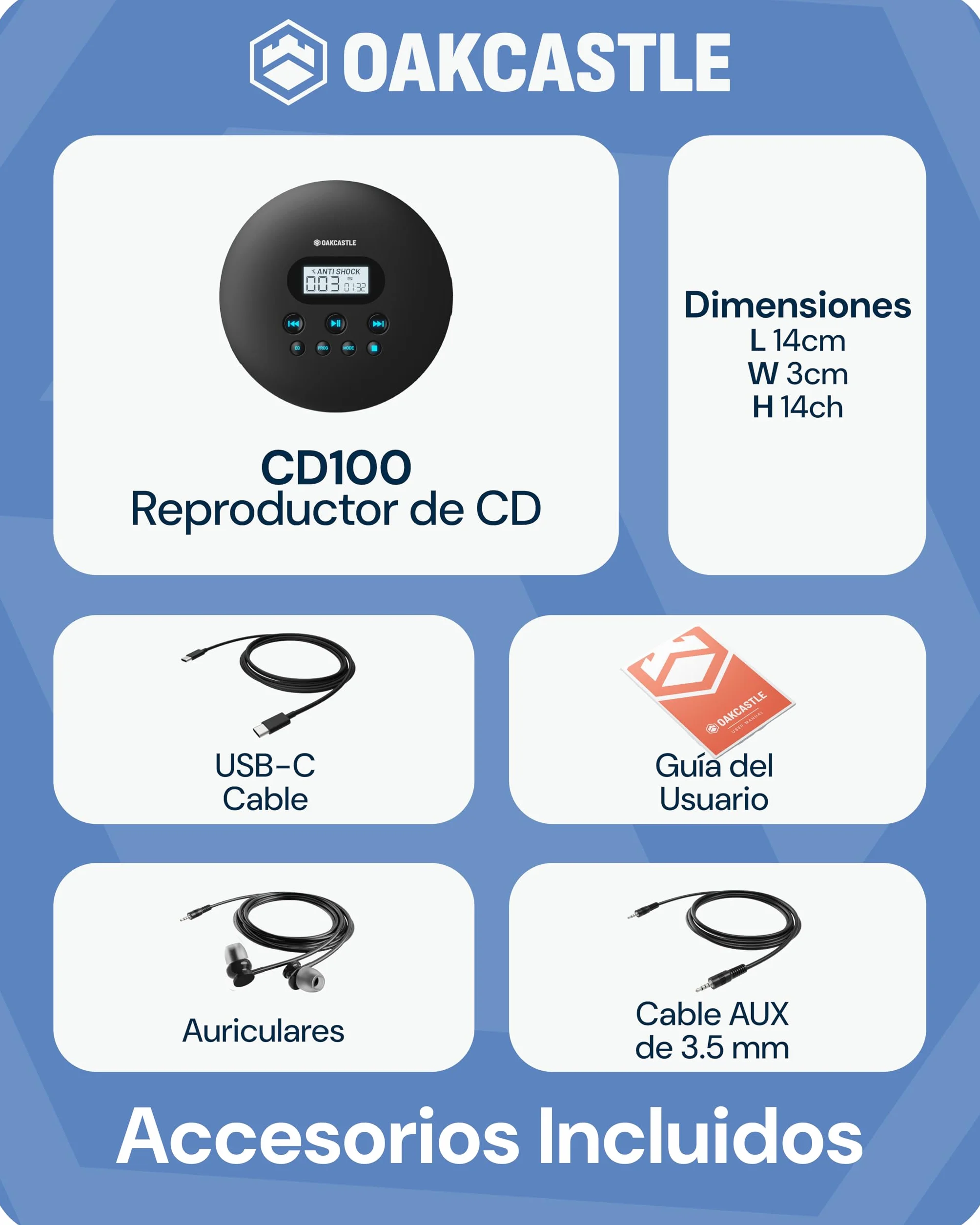 OAKCASTLE CD100 Reproductor de CD Portátil Bluetooth Batería Recargable 12 Horas AUX Auriculares