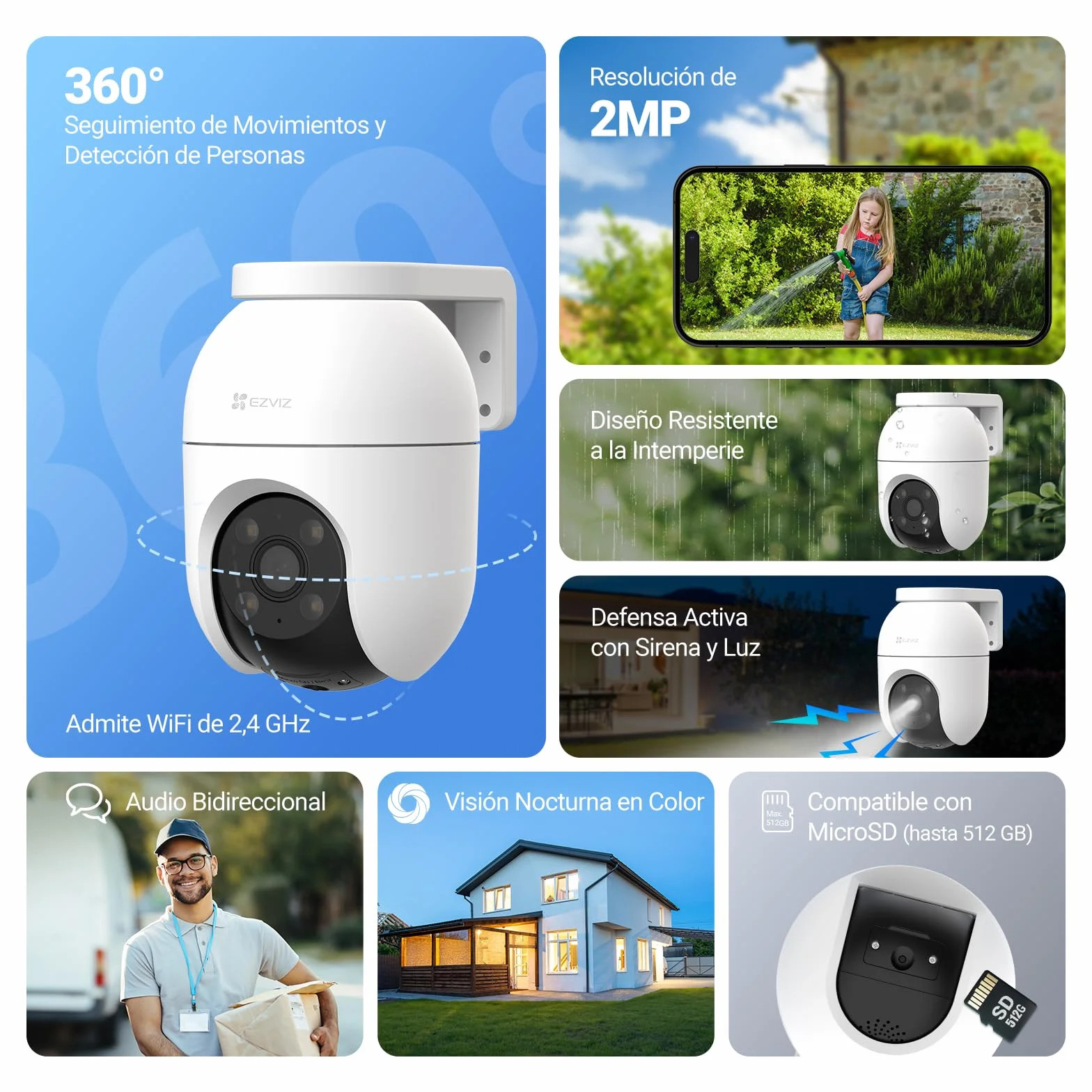EZVIZ 2PCS Cámara Vigilancia WiFi Exterior 360°,1080P Cámara IP de Seguridad,Visión Nocturna en Color,IA Detección de Personas,Seguimiento Automático,Audio Bidireccional,Sirena, Alexa/Google,C8c 2MP