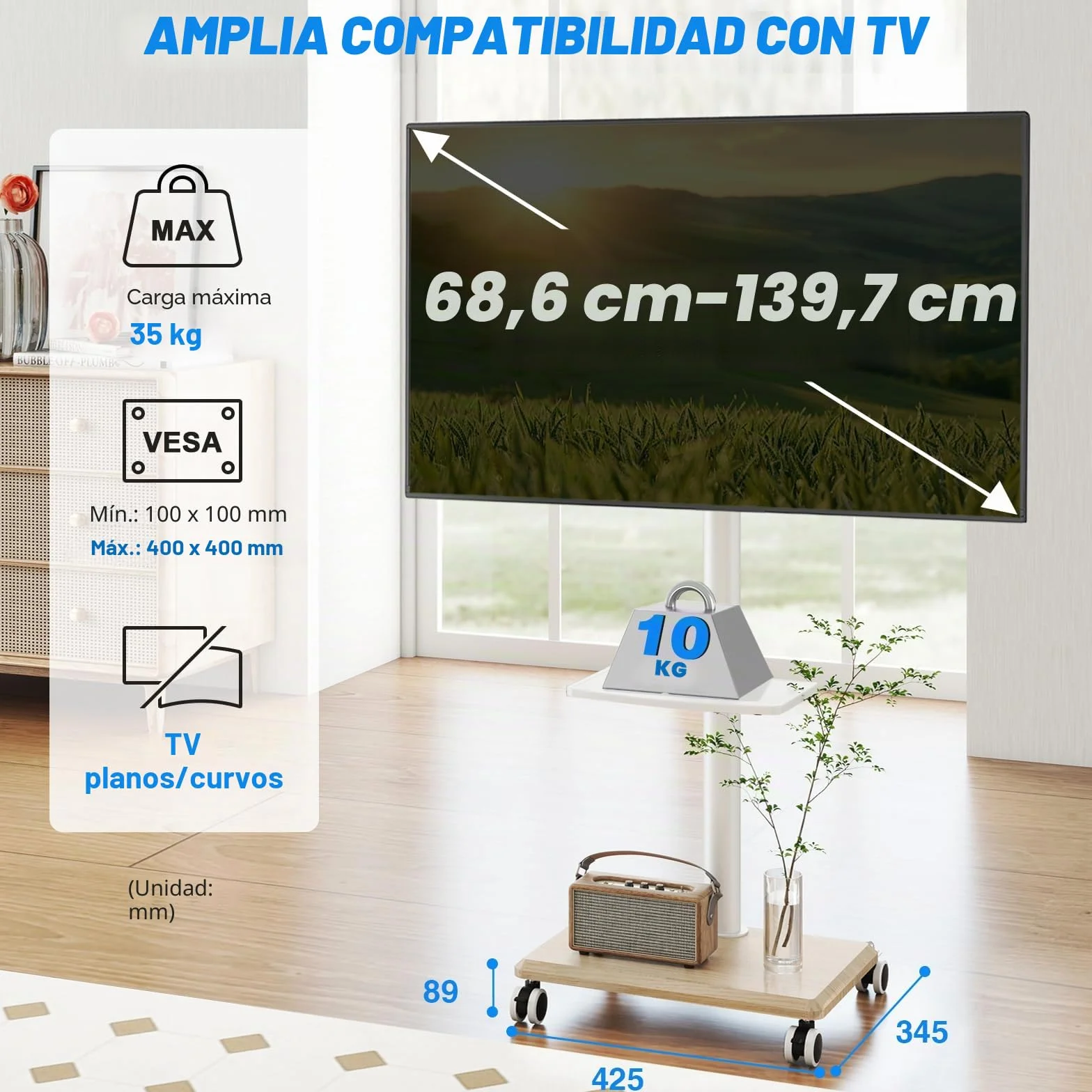 5Rcom Soporte TV Ruedas y Base de Madera para Pantallas de 32 a 70 Pulgadas, Soportes TV con Ruedas, Placa Giratoria y Altura Ajustable MAX VESA 400x400mm (Bianco Puro)