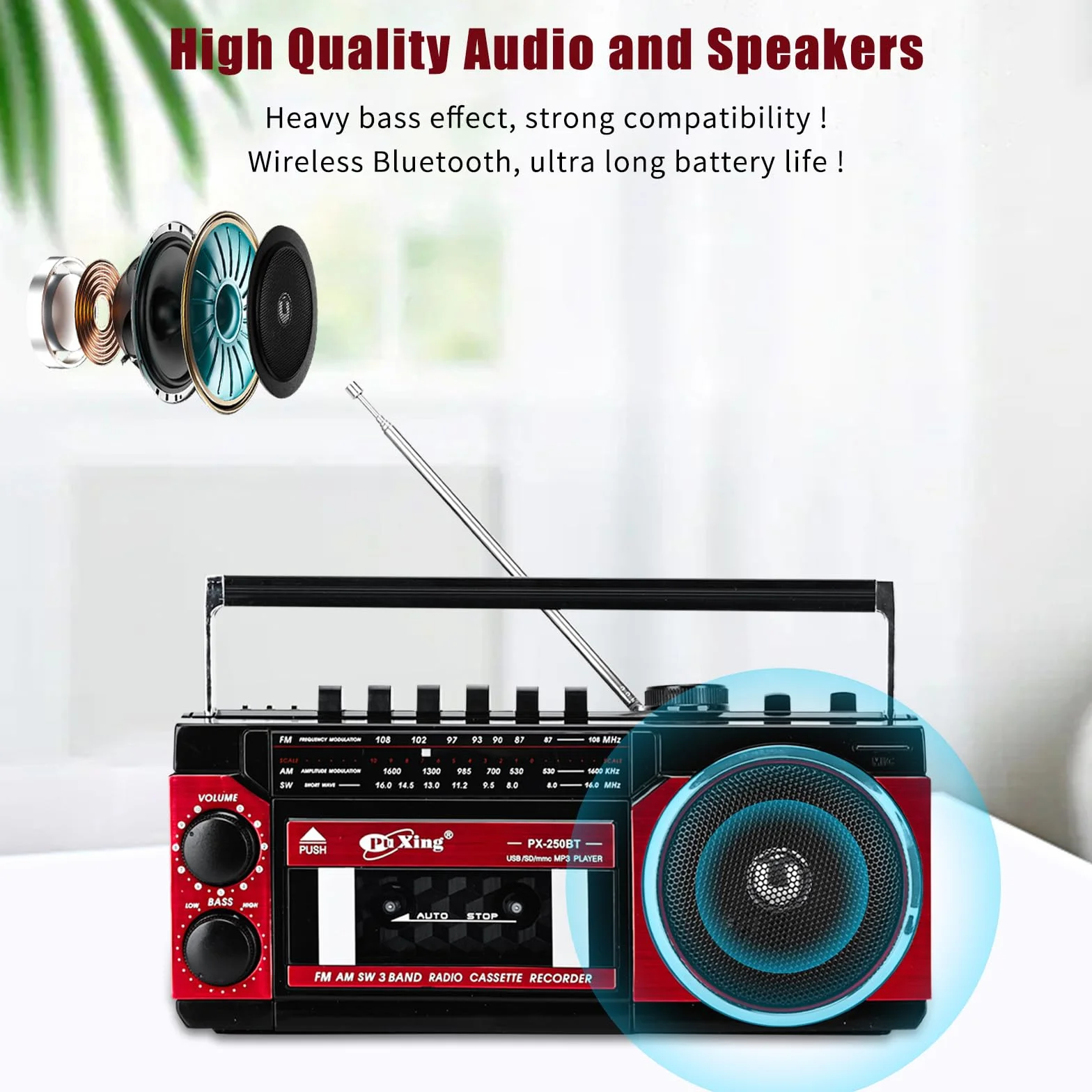 Reproductor de cassette portátil FM/AM/SW Bluetooth Tarjeta Grabación