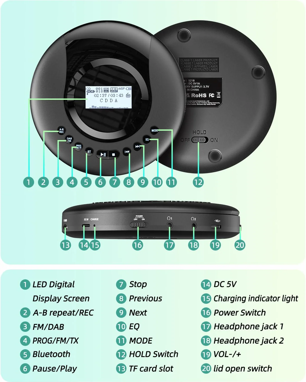 Reproductor de CD portátil con Bluetooth, Radio DAB+/FM, Discman, CD-R/RW, Batería 2000 mAh, Negro