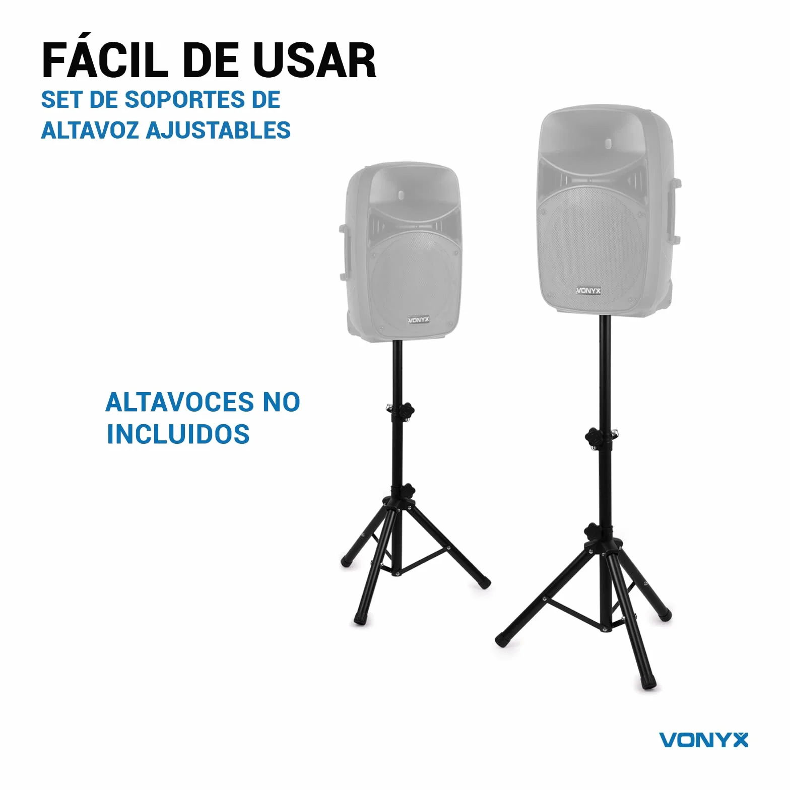 Vonyx LS01K Pareja de tripodes para altavoces, con funda de transporte, capacidad de carga máxima de 30 kg, pasador de fijación seguro, ideal altavoces con Vaso (tophat) de 35 mm, altura max 1,75m.
