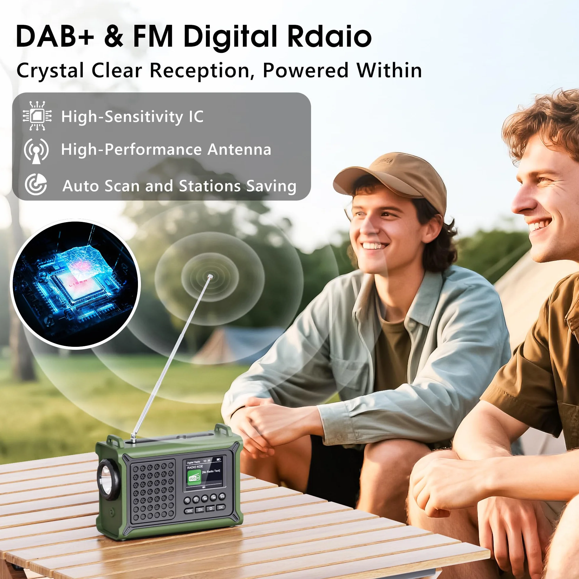 Radio Portátil Dab+/Dab/FM, Radio Solar con Manivela con Batería Recargable de 12000 mAh, Radio con 80 Emisoras Presintonizadas, Pantalla LED TFT de 2,4", Alarma SOS para Senderismoa, Camping
