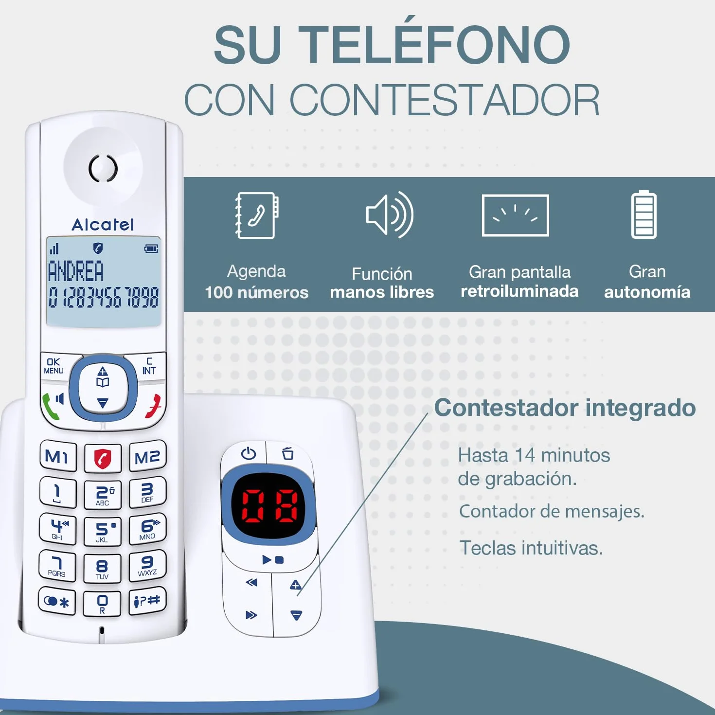 ALCATEL F530 Voice Teléfono inalámbrico DECT contestador automático pantalla retroiluminada manos libres bloqueo llamadas 2 teclas memoria directa Blanco Azul