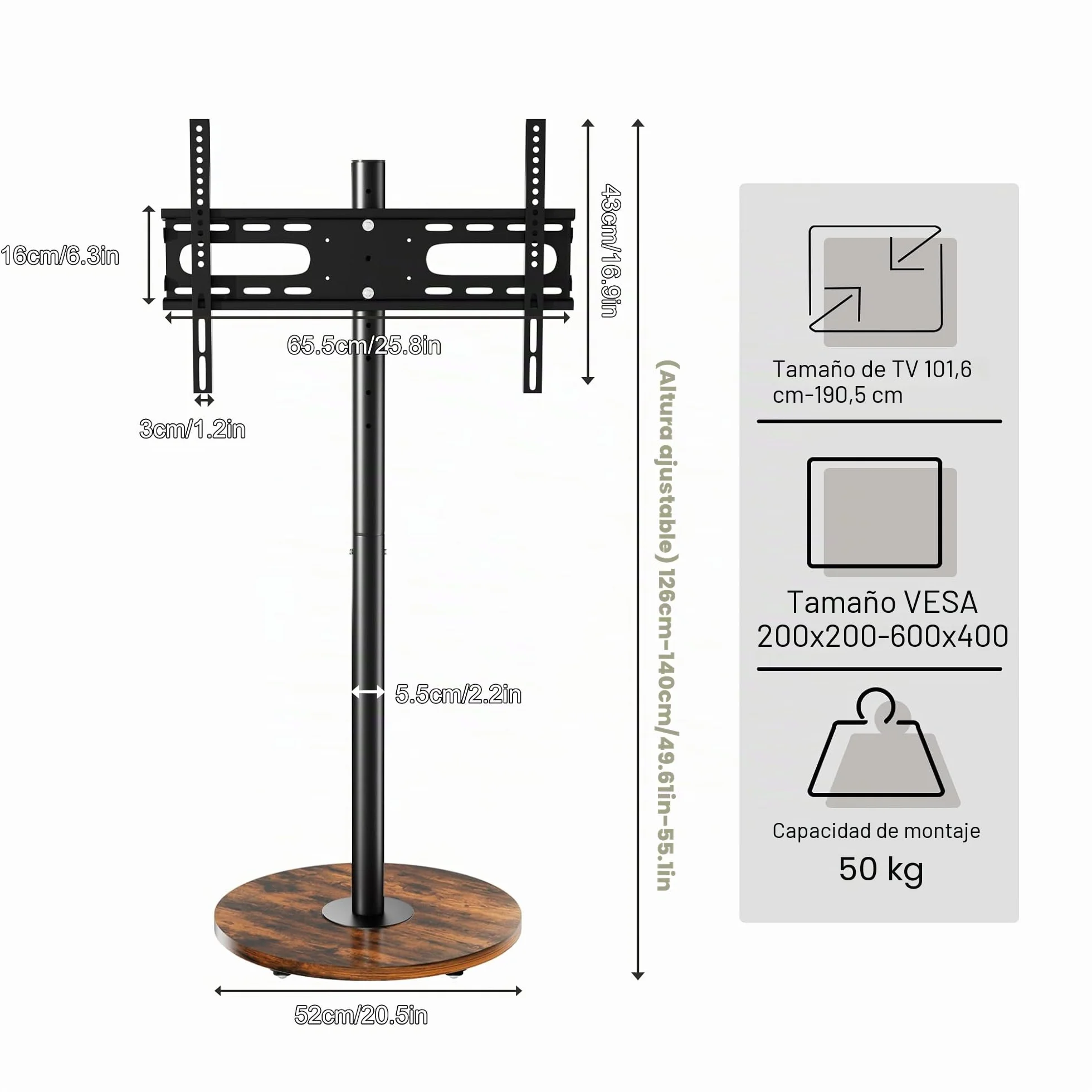 UNHO Soporte TV con Ruedas para 40-75 Pulgadas, Pie de Suelo LED/LCD, Ajuste Altura, 50kg, VESA 600x400 mm, Negro