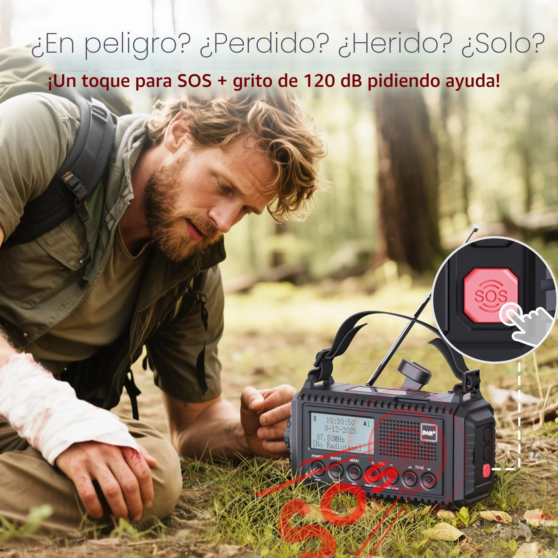 Radio Solar Portátil Dab+/Dab/FM con Manivela,Radio con Linterna LED Multifunción con Reloj Despertador Digital,Batería de 5000 mAh y Alarma SOS,Camping,Senderismo,Exterior