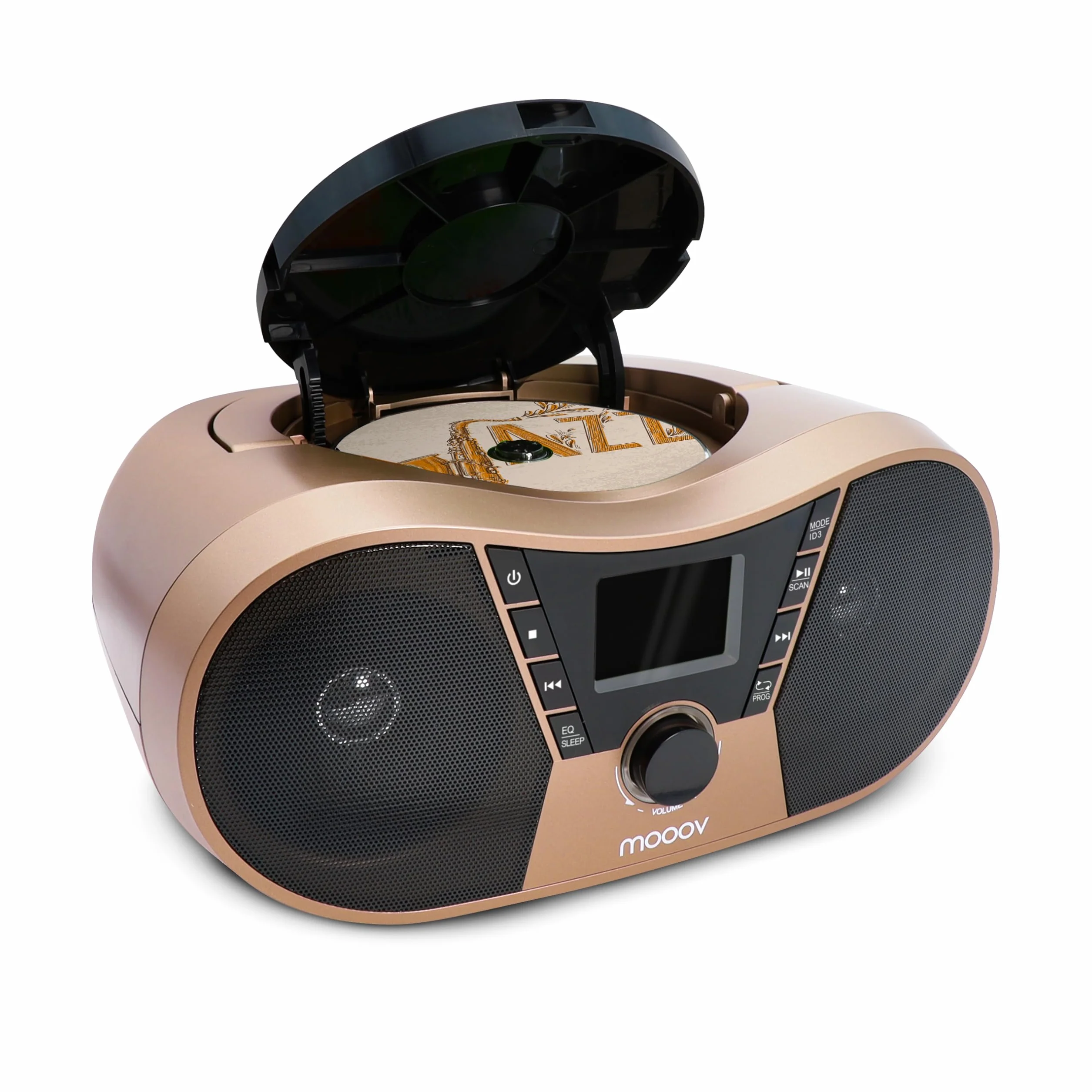 Mooov 477406 - Reproductor de CD portátil, Lector CD Audio CD-R/CD-RW, Radio FM, Puerto USB para MP3, Sonido estéreo de 4W, asa ergonómica, Funciones Sleep e ID3, Copper & Black