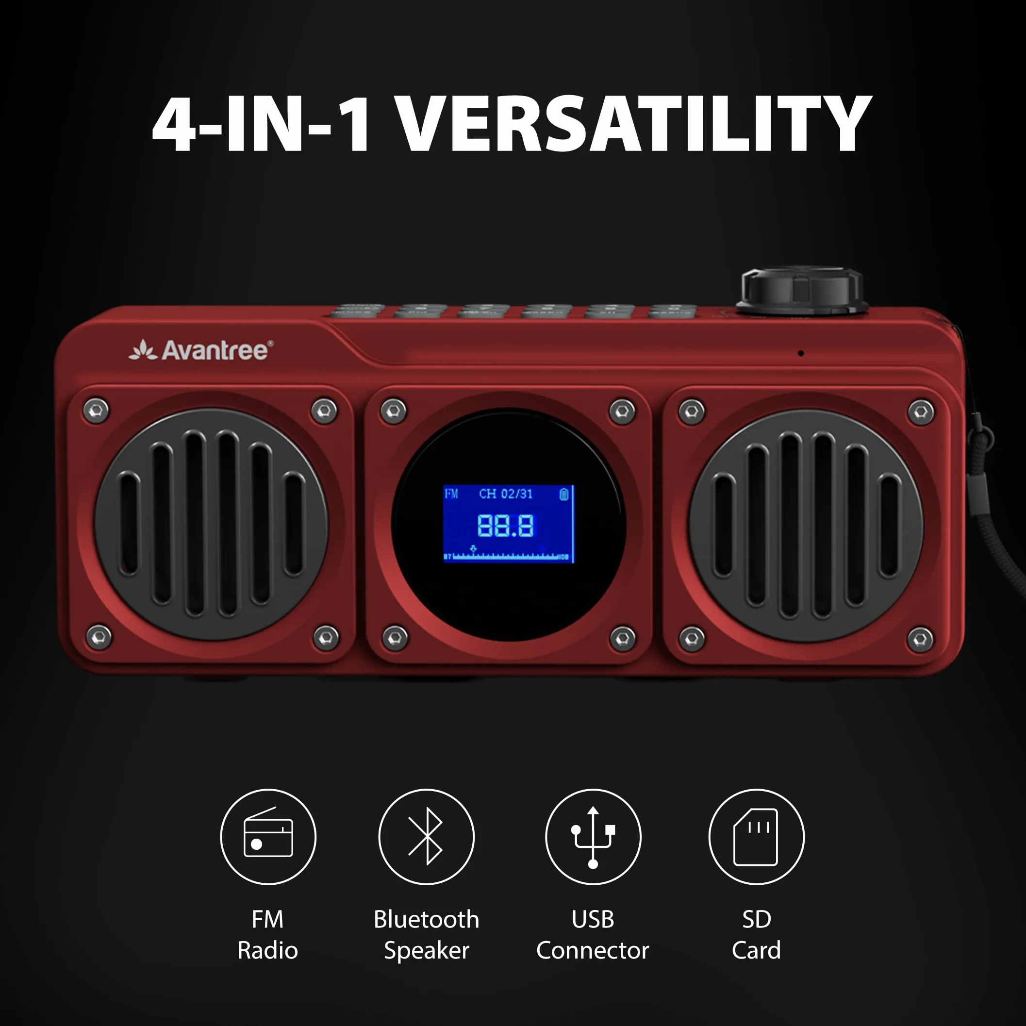 Avantree Boombyte - Radio FM Portátil Pequeña 4 en 1 y Altavoz Bluetooth con Altavoz Duales (14W), Volumen Potente, Sonido Estéreo, Lector Micro SD y Puerto USB, Reproductor de MP3 Recargable - Rojo