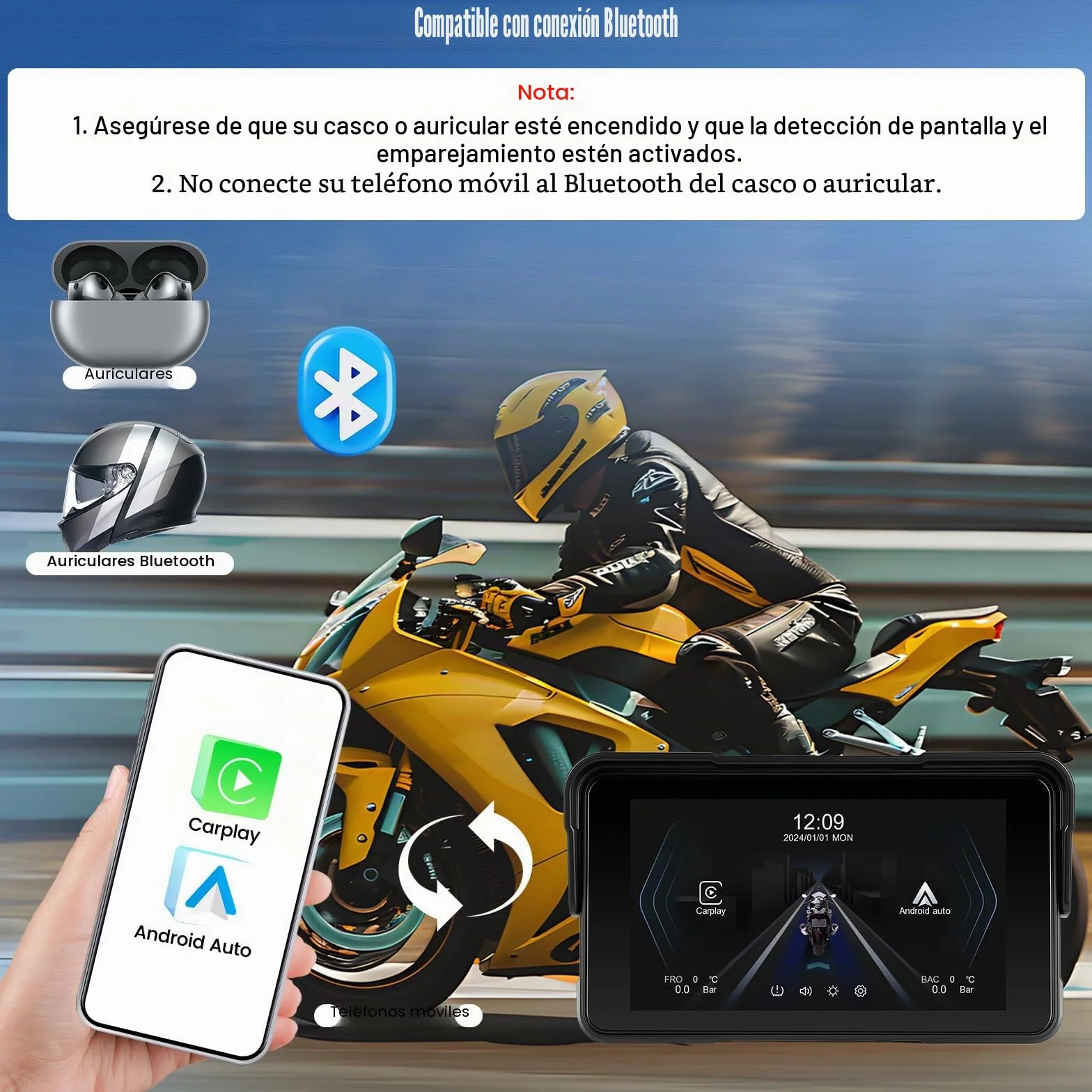 CAMECHO navegador Moto con Wireless CarPlay/Android Auto, Pantalla carplay Moto 5" HD IP68 Impermeable para Motocicletas con Car Play/Bluetooth/detección de presión