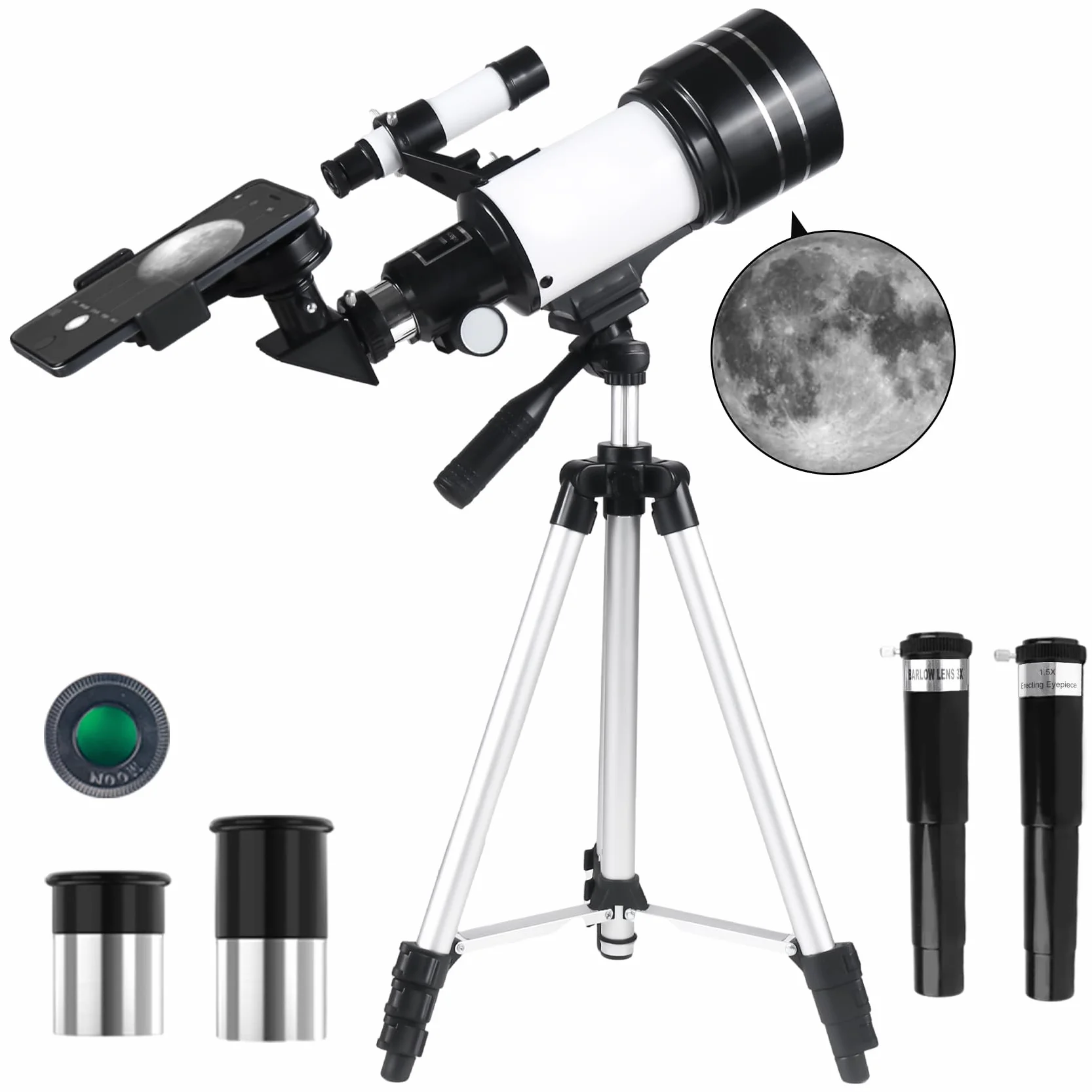 Telescopio 70mm Apertura 300mm Refractor para Adultos Principiantes Astronomía con Trípode