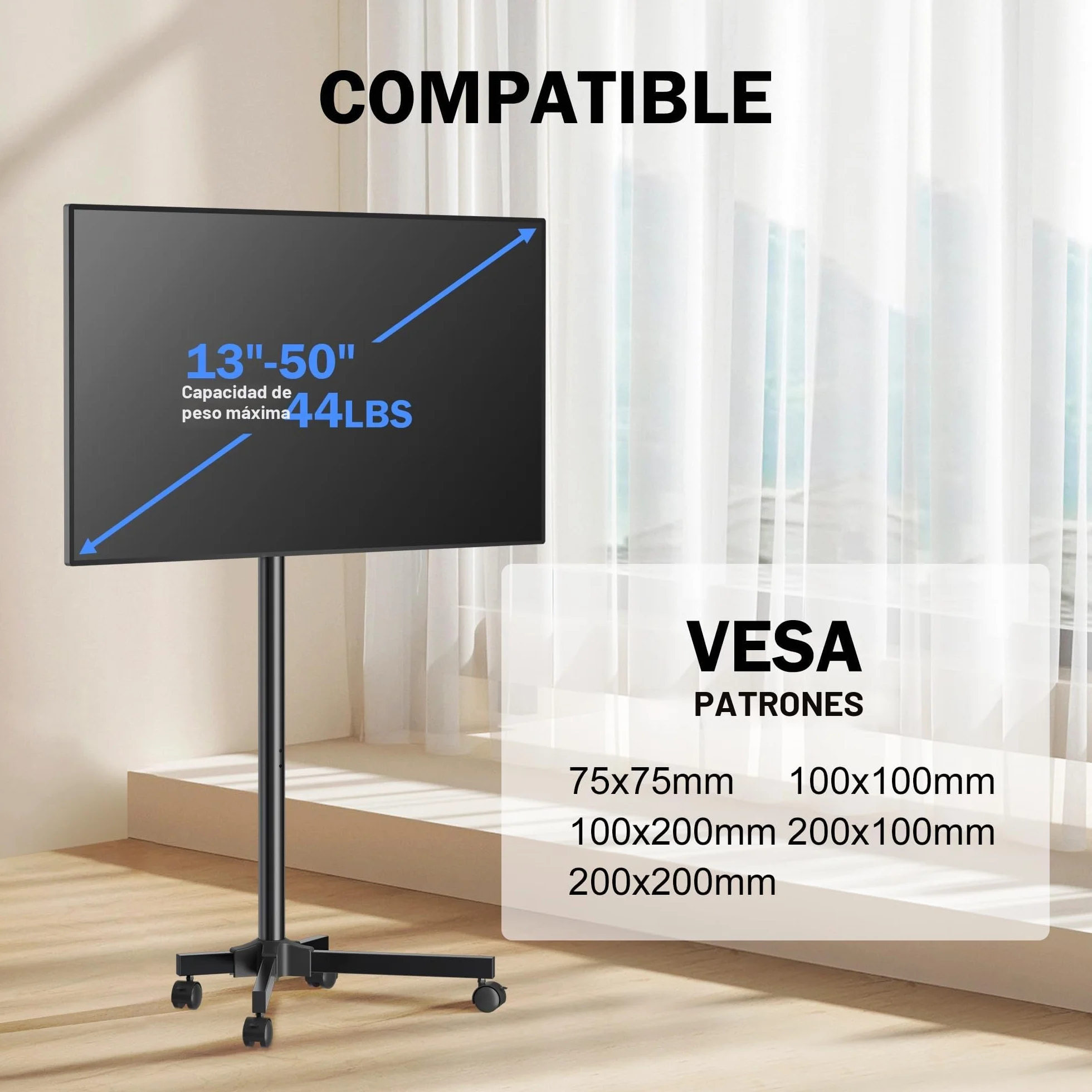 XINLEI Soporte TV con Ruedas para Televisores de 13 a 50 Pulgadas, Altura Ajustable, Inclinación 30°, VESA 200x200 mm, Modelo ML1350