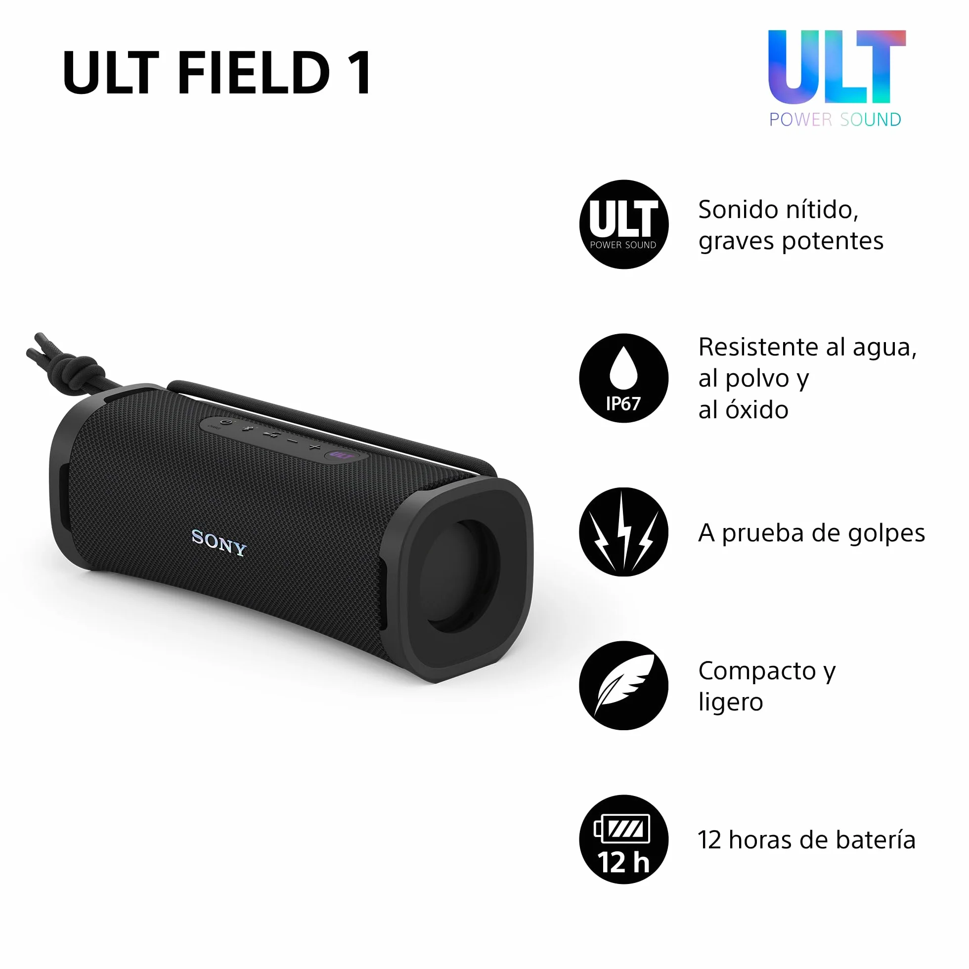 Sony ULT Field 1 Altavoz Bluetooth portátil IP67 Resistente a los Golpes 12H Batería Negro