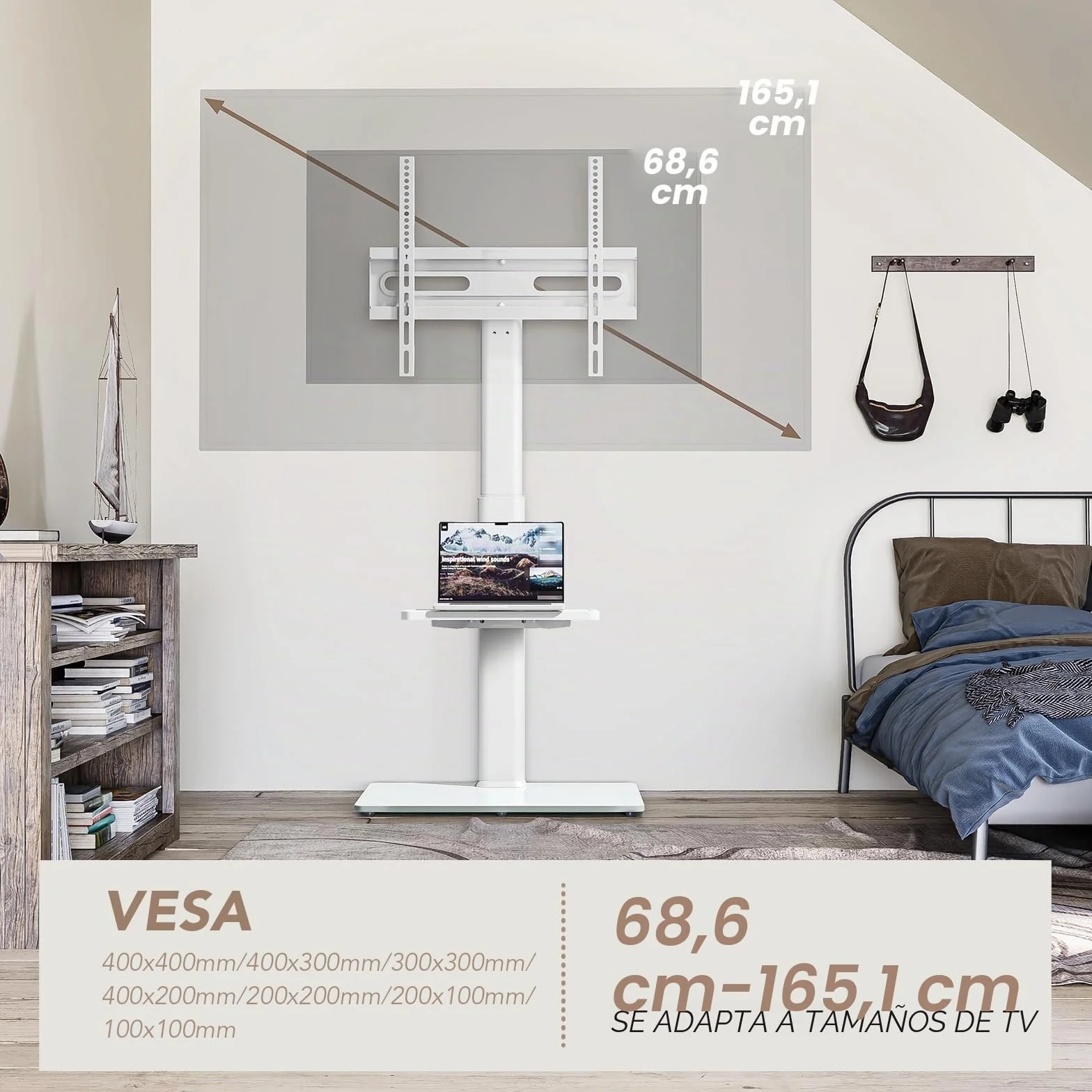 Soporte de TV universal para piso con montaje, giro de 70 grados, 9 niveles de altura ajustable y diseño que ahorra espacio para la mayoría de televisores LCD, LED, OLED de 27 a 65 pulgadas, blanco